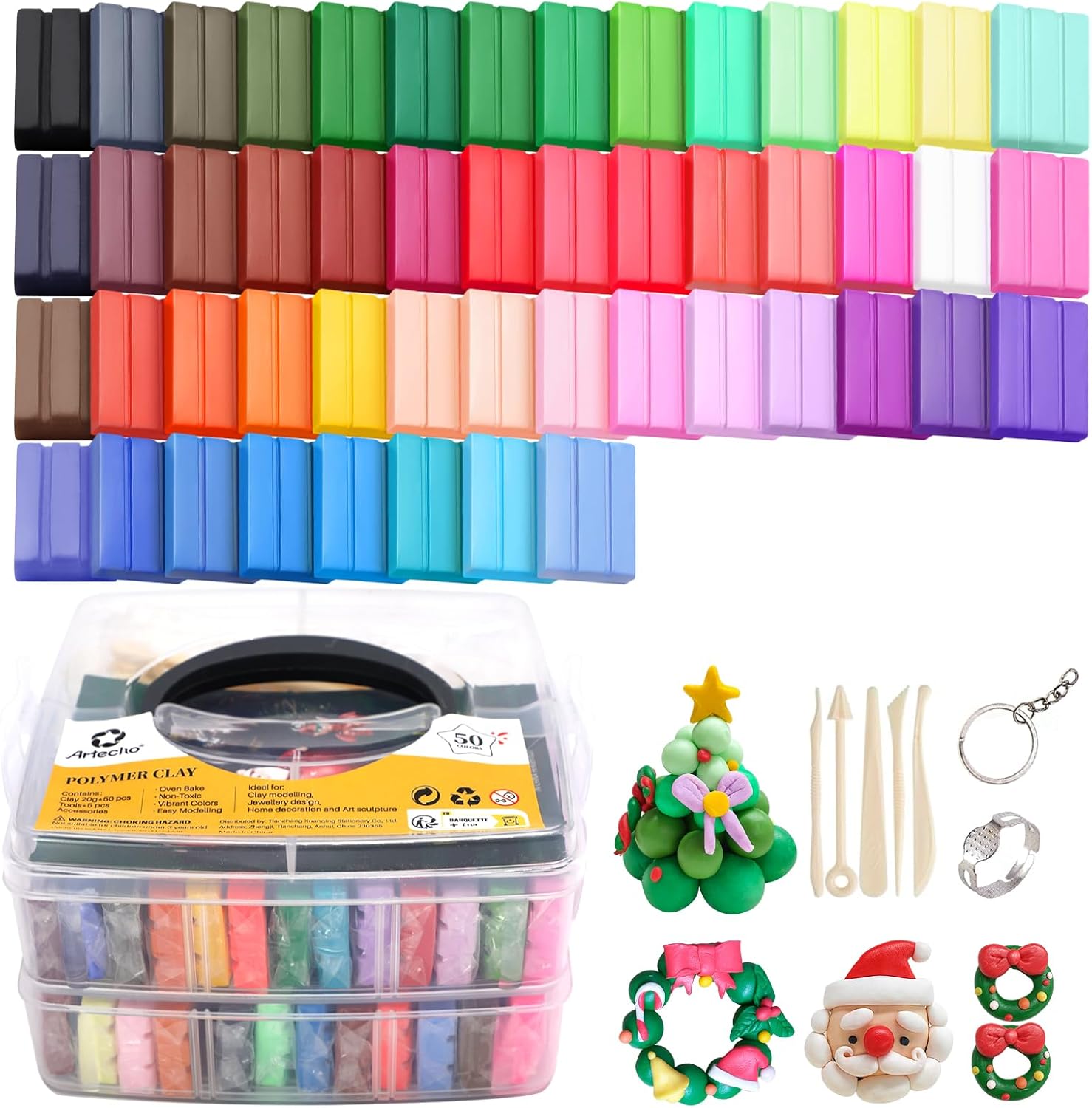 Artecho Polymer Clay Set, 50 Colors Modeling Clay Kit with 5pcs Clay Sculpting Tools and 31pcs Accessories for DIY, Oven Bake Clay, Crafts Gift for Beginners/Adults