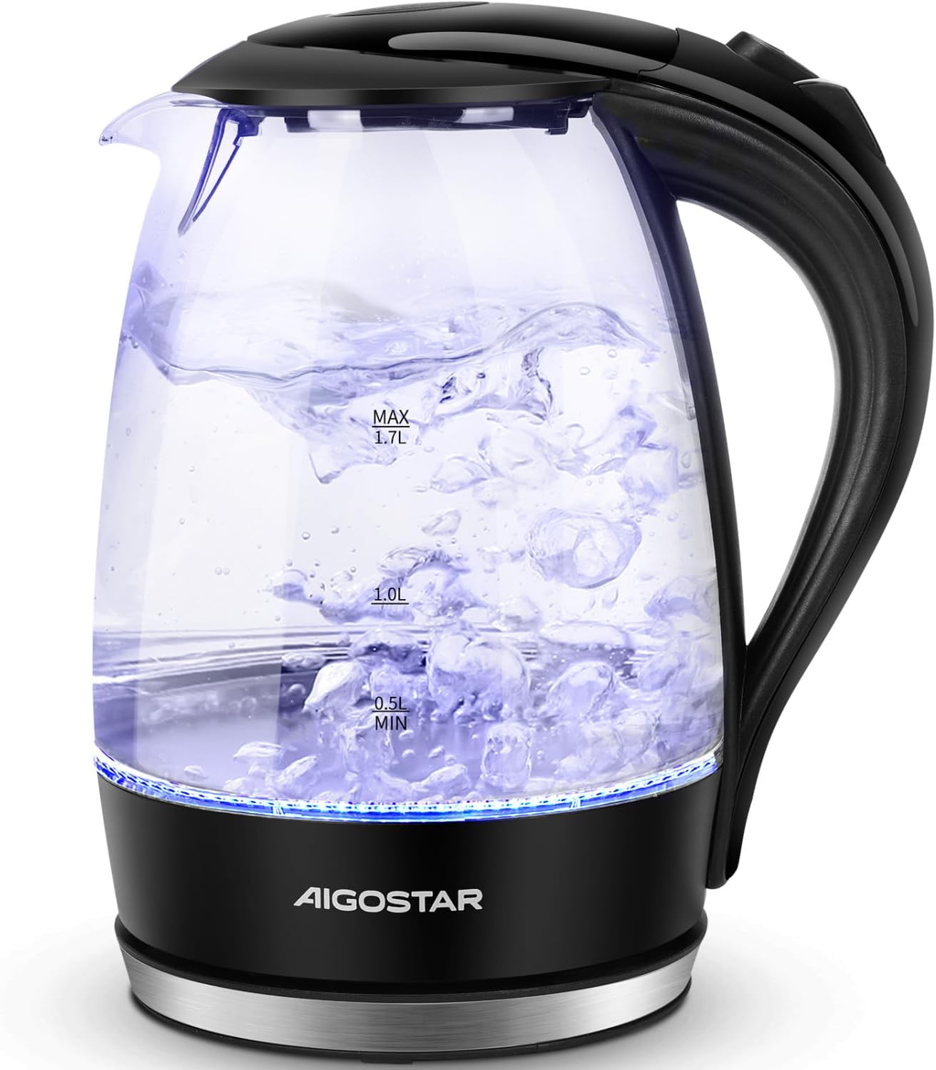 Aigostar Adam 30KHH Glass Electric Kettle, 2200W Fast Boil, 1.7L BPA-Free Water Boiler with LED Light, Auto Shut-Off & Boil-Dry Protection, Borosilicate Glass, Cordless Black Water Kettle