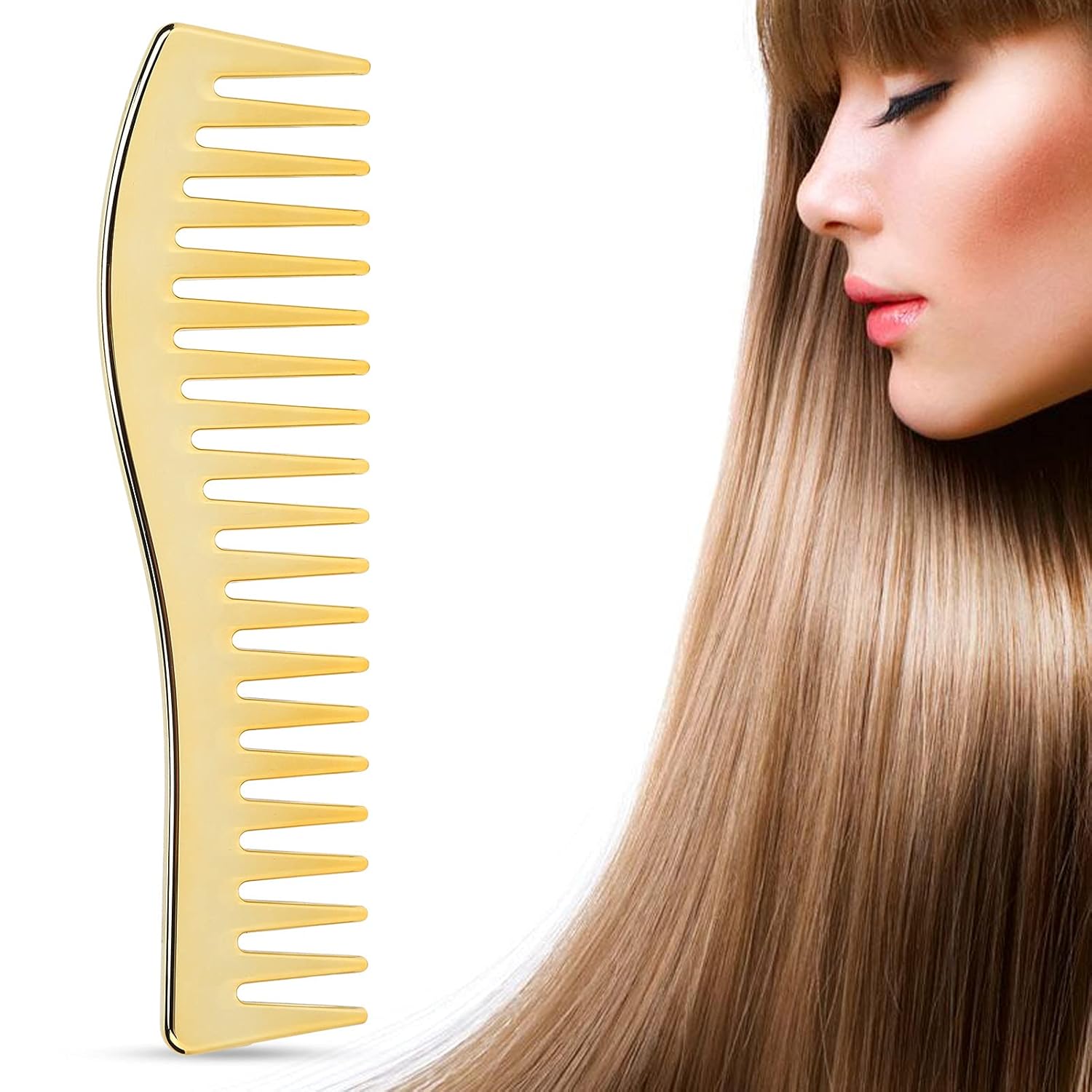 Wide Tooth Comb Large Detangling Comb, No Handle Hair Wide Tooth Comb Large Salon Shampoo Comb for Men Women, Sturdy Plastic 7 x 2in Comb for Curly Wet or Dry Hair (Gold)