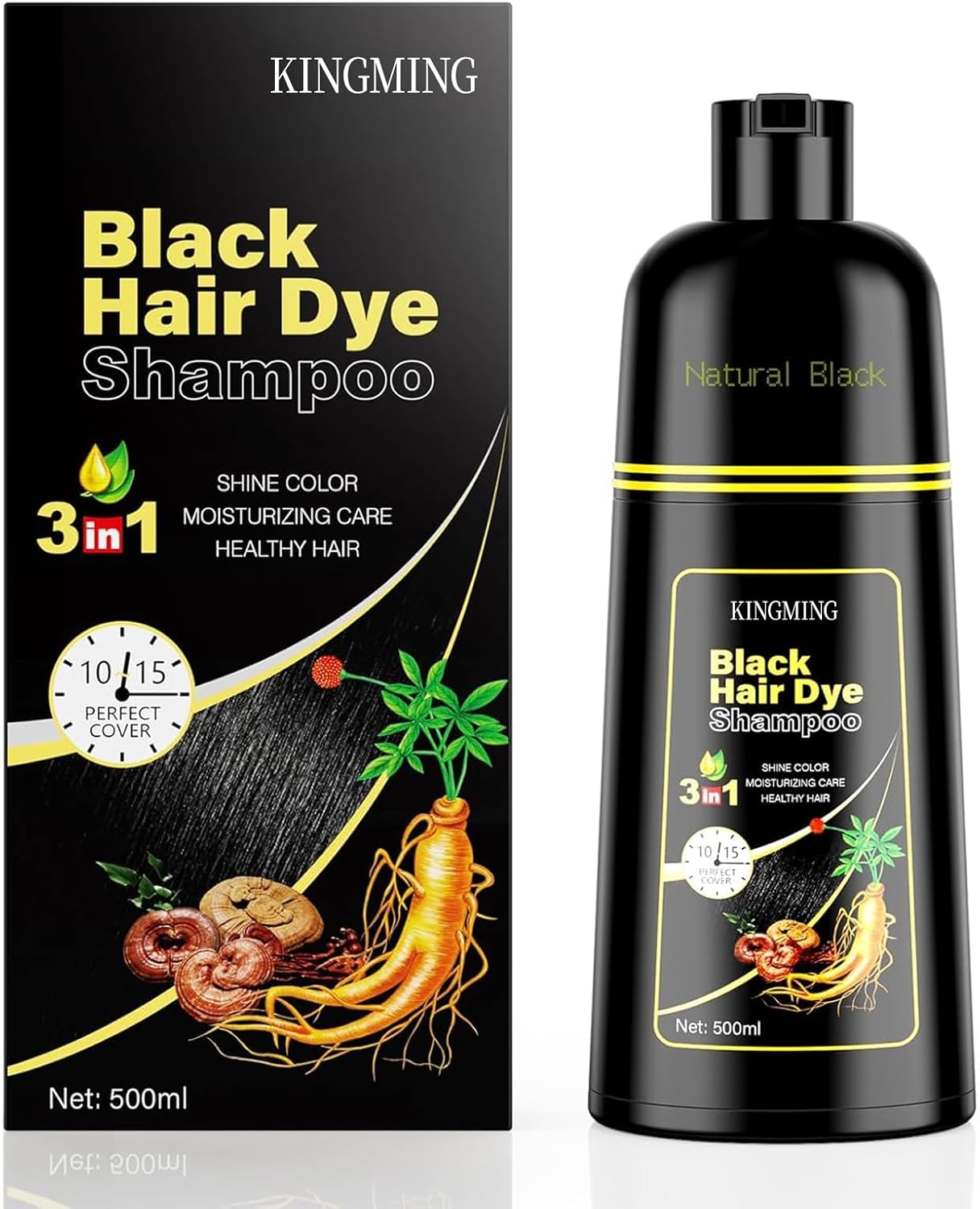 Black Hair Dye Shampoo 3 in 1 for Gray Hair, Hair Colour Shampoo for Women Men Grey Coverage (500 ml)