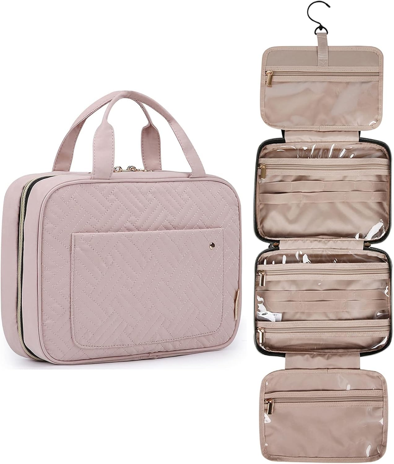 BAGSMART Hanging Toiletry Bag Travel Large Capacity Wash Bag Womens Makeup Cosmetic Bag, Travel Accessories for Full Sized Container (Medium-Pink)