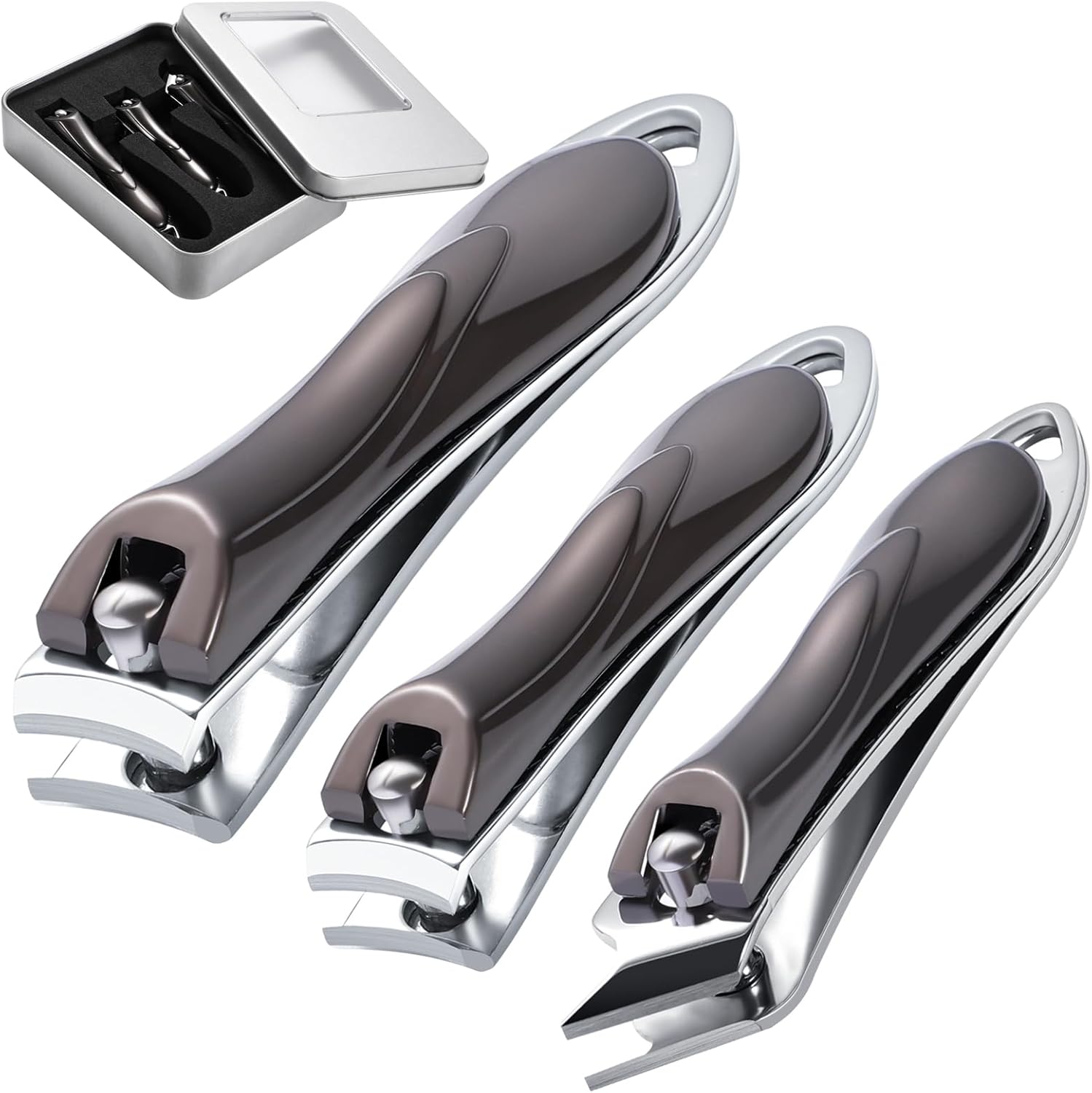 HuaJiao 3Pcs Nail Clippers, Heavy Duty Nail Clippers Toenail Clippers with Box Stainless Steel Ultra Sharp Nail Cutter for Thick Fingernail Toenail Men and Women, Grey