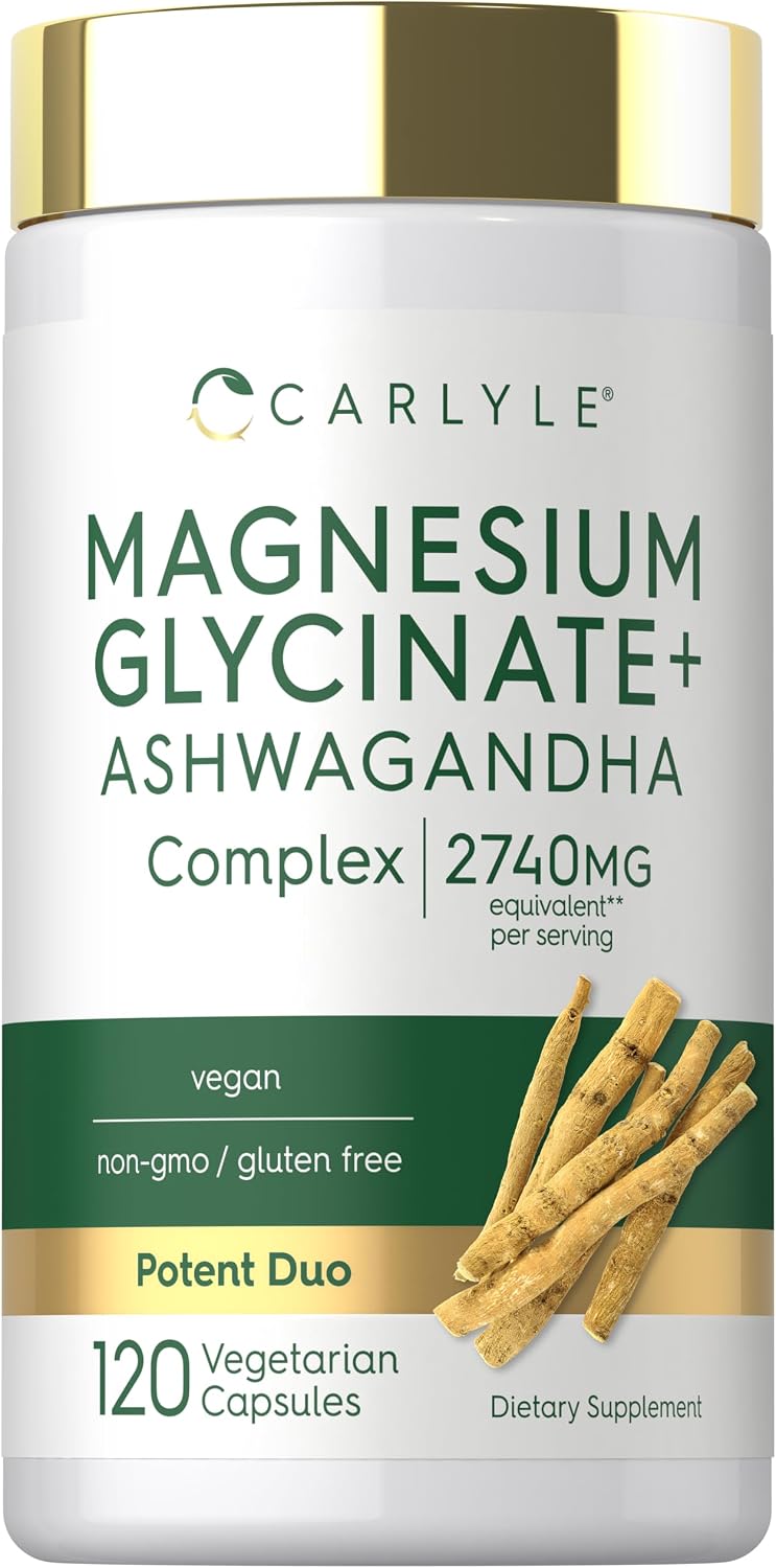 Carlyle Magnesium Glycinate with Ashwagandha | 120 Vegetarian Capsules | Potent Duo | Non-GMO and Gluten Free Supplement