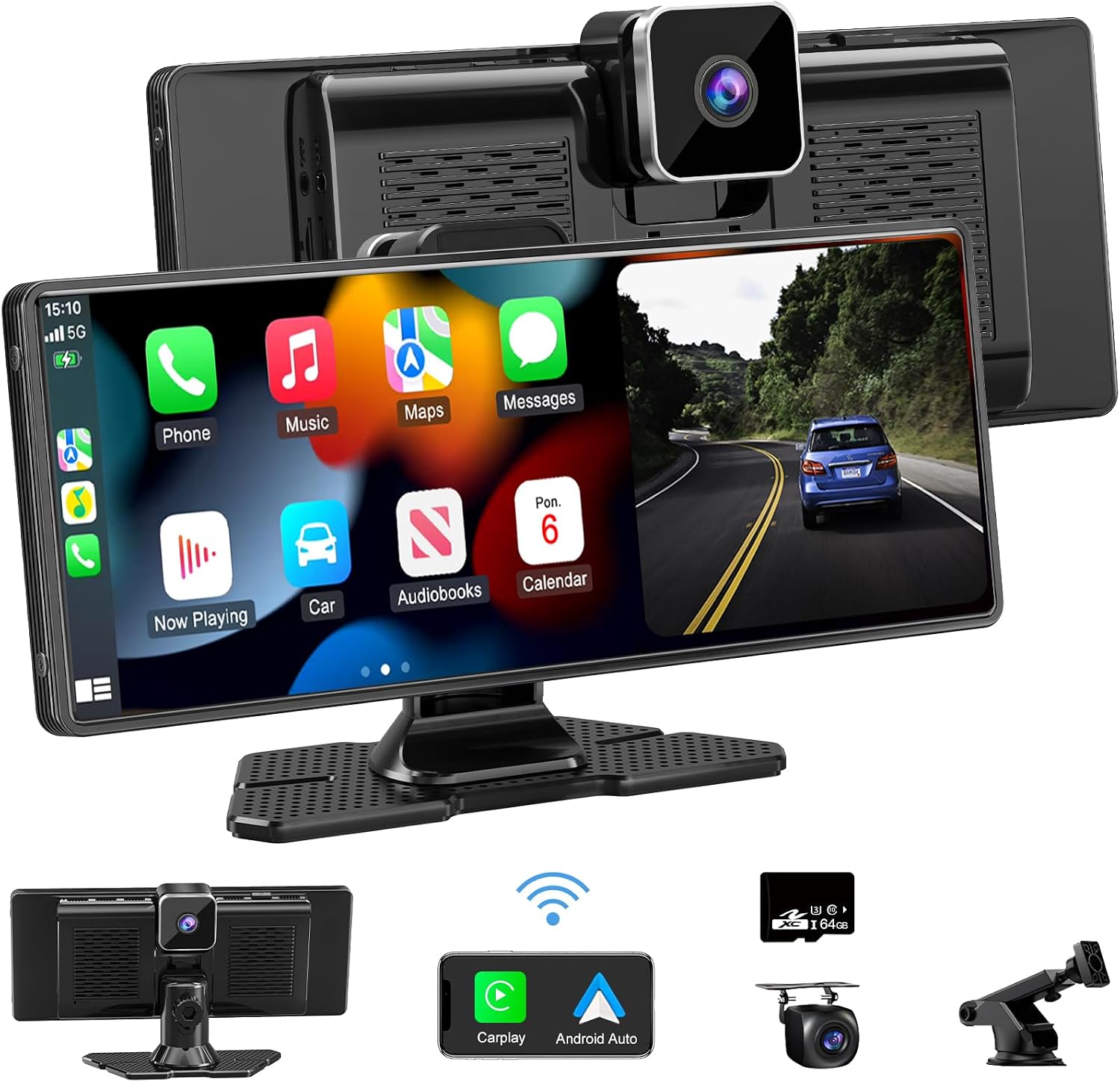 Wireless Car Stereo for Apple Carplay Android Auto with 4K Dash Cam Front, 10.26" Touch Screen CarPlay Car Radio, Loop Recording,1080P Rear Camera, Mirror Link,GPS Navigation,Bluetooth,64G TF, Siri/FM