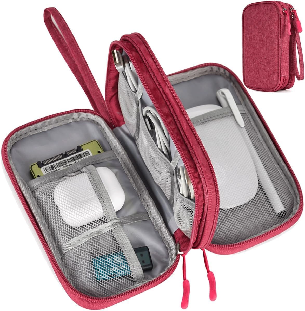 Electronic Organizer Travel Cable Accessories Bag, Electronic Organizer Case, Waterproof Electronic Accessories Organizer Bag for Power Bank, Charging Cords, USB Cable (Rose Red)