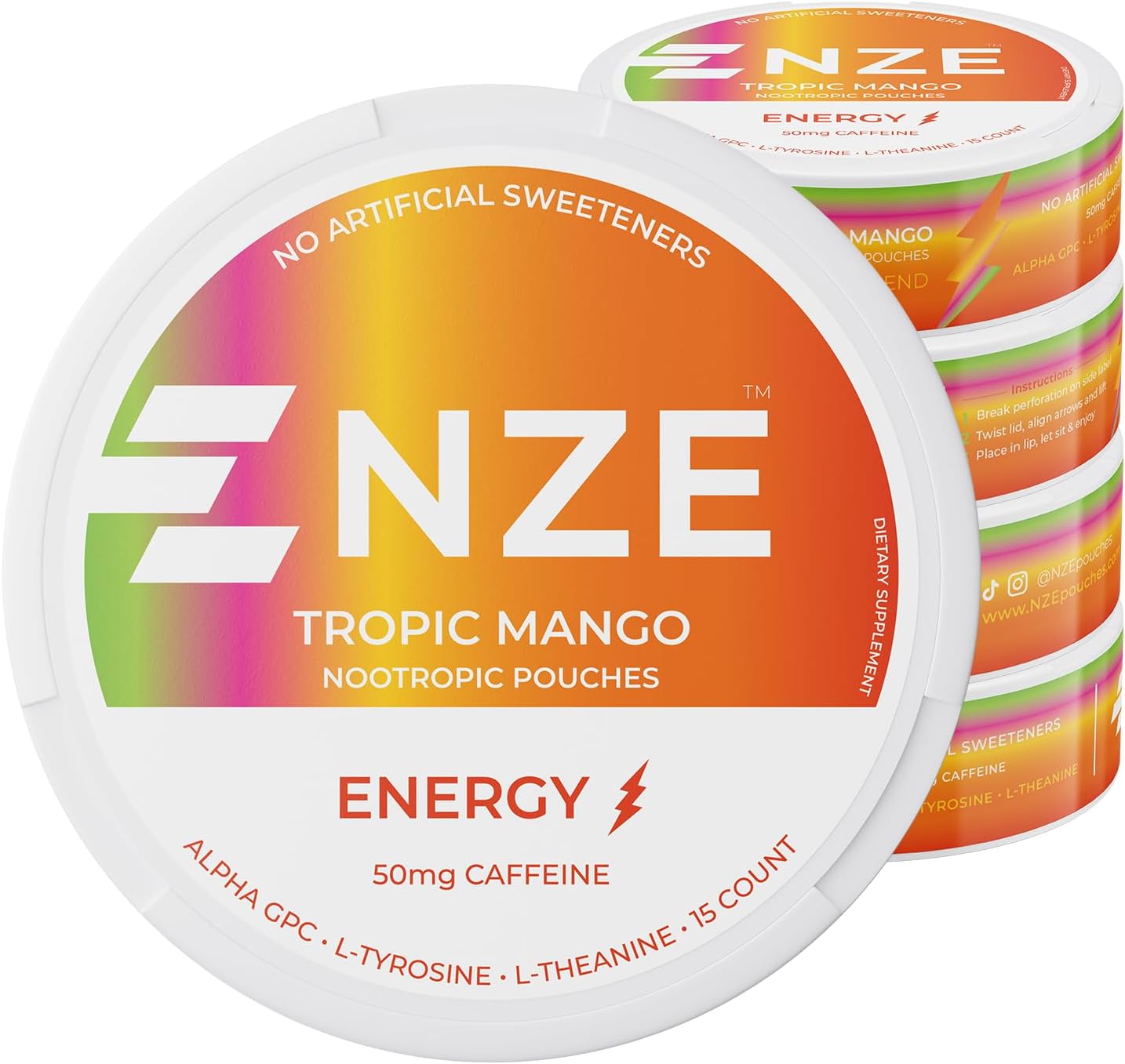 NZE Caffeine Nootropic Pouches (Tropic Mango) - Energy Pouches with 50mg Caffeine, Alpha GPC, L-Tyrosine & L-Theanine - No Sugar or Artificial Sweeteners - 15 Pouches Per Can - 5 Pack