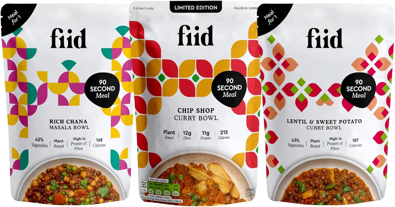 Fiid 100% Natural Vegan Microwave Sharing Ready Meals Flavour Multipack - 3x 275g - Chip Shop Curry, Lentil Chana Masala, Thai Lentil & Sweet Potato Curry (Vegetarian, High in Fibre & Protein)