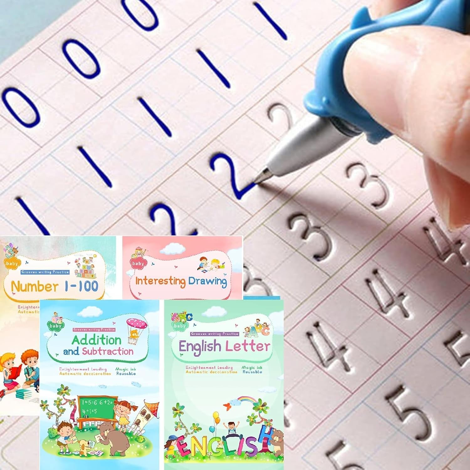 Magical Handwriting Workbooks Handwriting Practice Magic Copybook, Handwriting Aid Magic Pen Reusable Copybook Grooves Template Design for Children (4)
