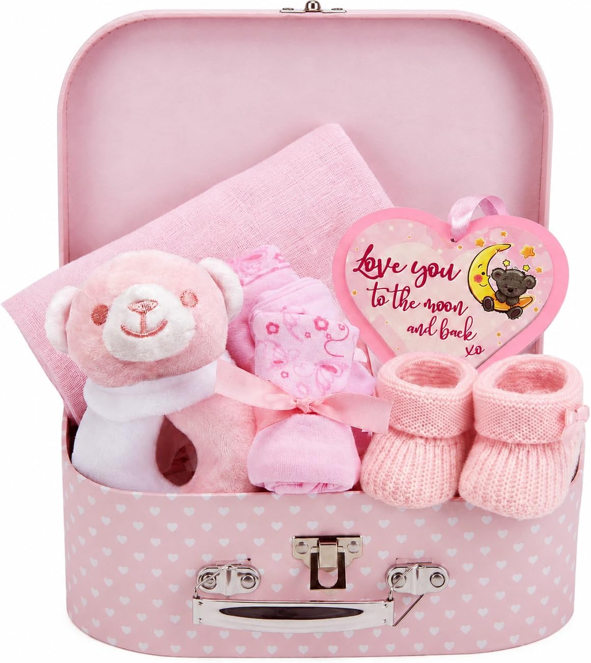 Baby Box Shop Baby Girl Gift Hamper - Newborn Essentials in Keepsake Box | All-in-One Baby Shower Gift Set for Girls 0-3 Months with Rattle, Bib, Booties, Mittens, Hat & Muslin Cloth