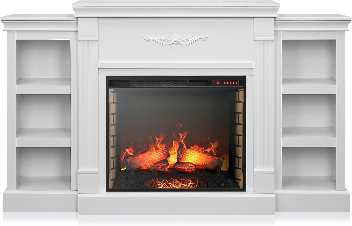 BELLEZE Modern 70" Electric Fireplace Heater Mantel TV Stand & Media Entertainment Center for TVs up to 68" with Energy-Efficient Heater with Sound and Side Book Shelves - Lenore (White)