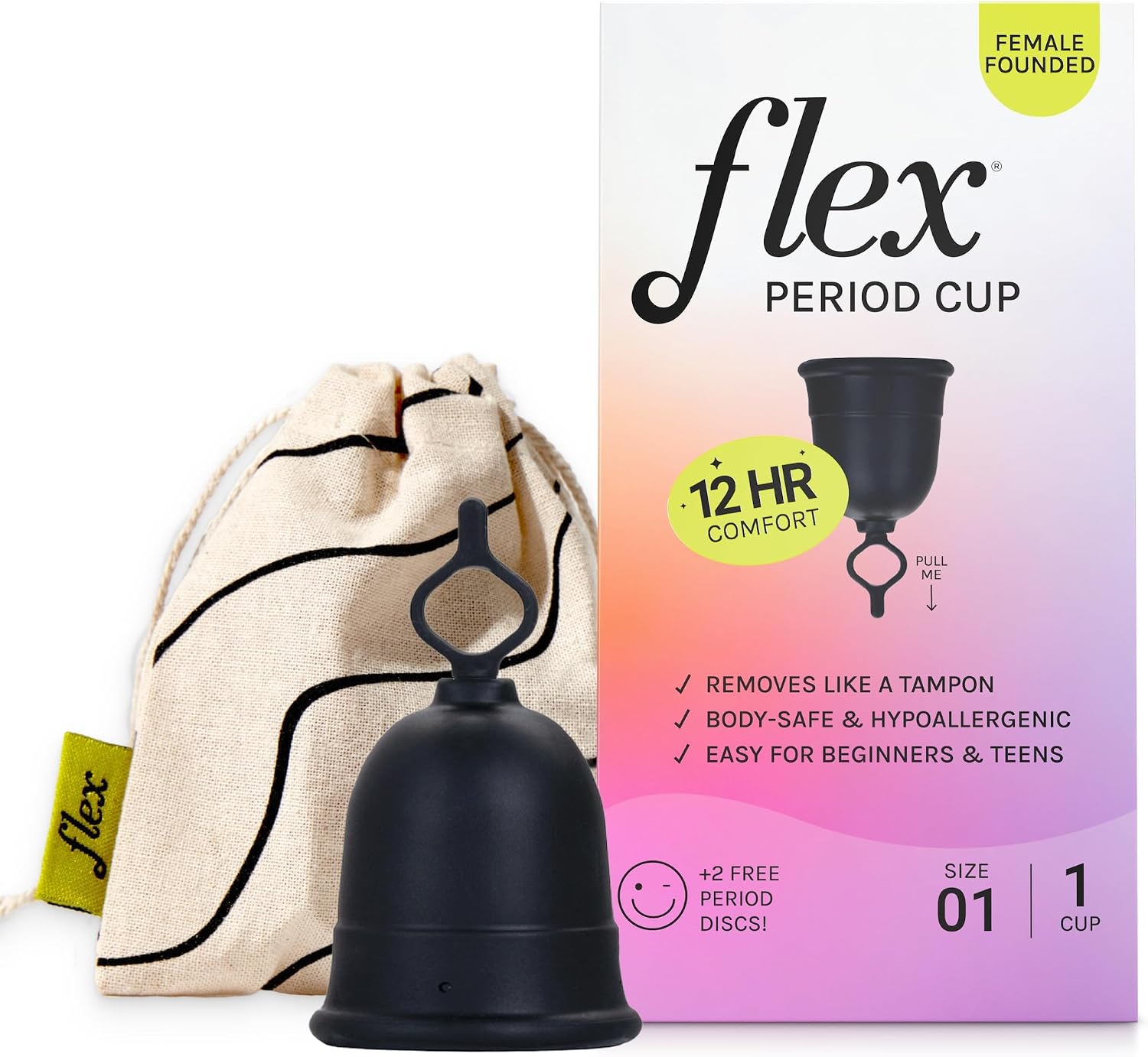 Flex Cup Starter Kit (Slim Fit - Size 01) | Reusable Menstrual Cup + 2 Free Menstrual Discs | Pull-Tab for Easy Removal | Tampon + Pad Alternative | Lasts up to 10 Years | Capacity of 2 Super Tampons