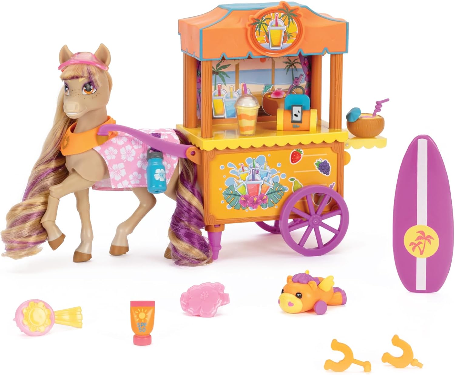 Wild Manes Horse Toys Bailey’s Surf & Snacks Cart Playset with Bailey Horse Doll Figure, Includes Brush and Play Accessories