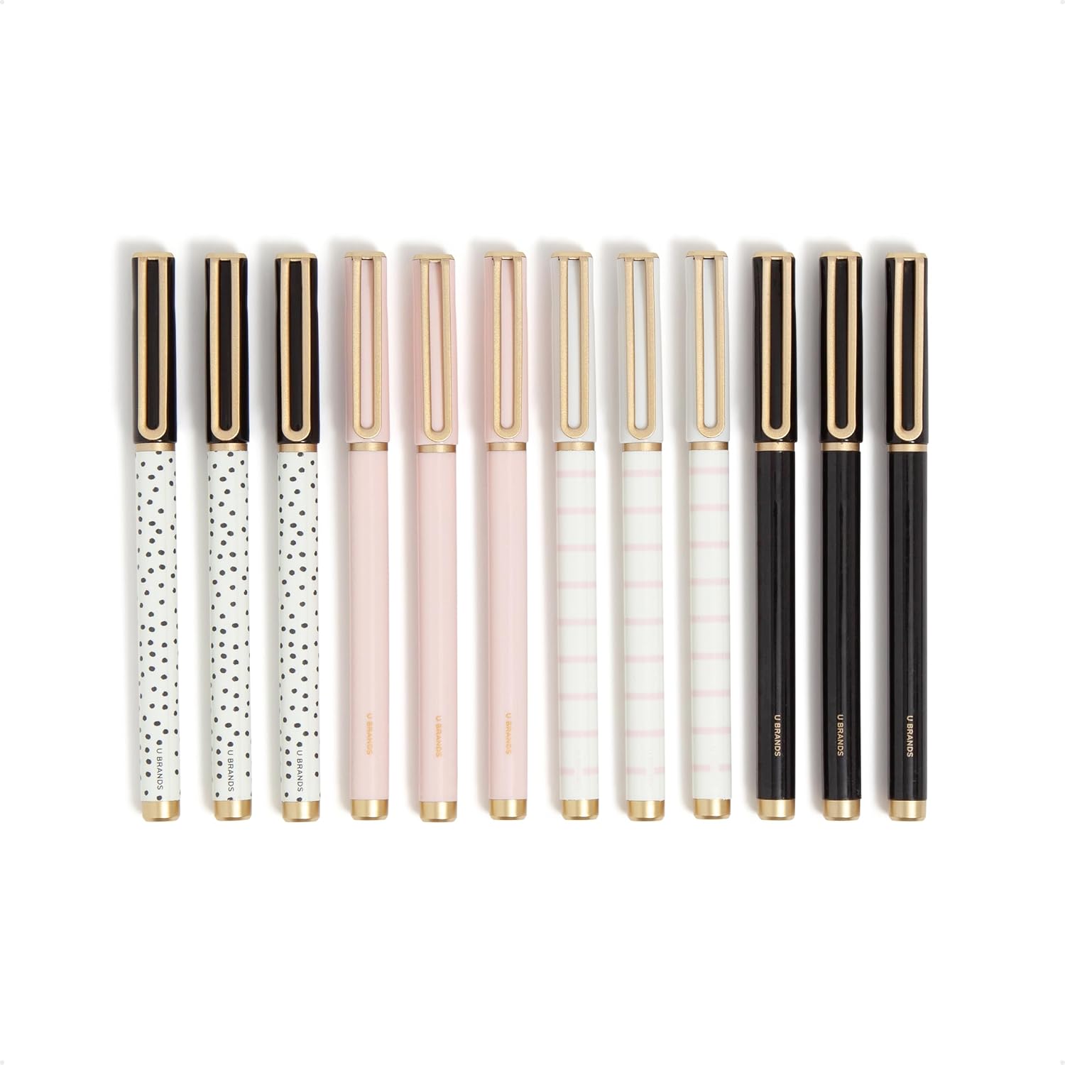 U Brands Catalina Felt Tip Pens, Set of 12, Stripes and Dots with Gold Details, Medium (0.7 mm) Point, Black Ink
