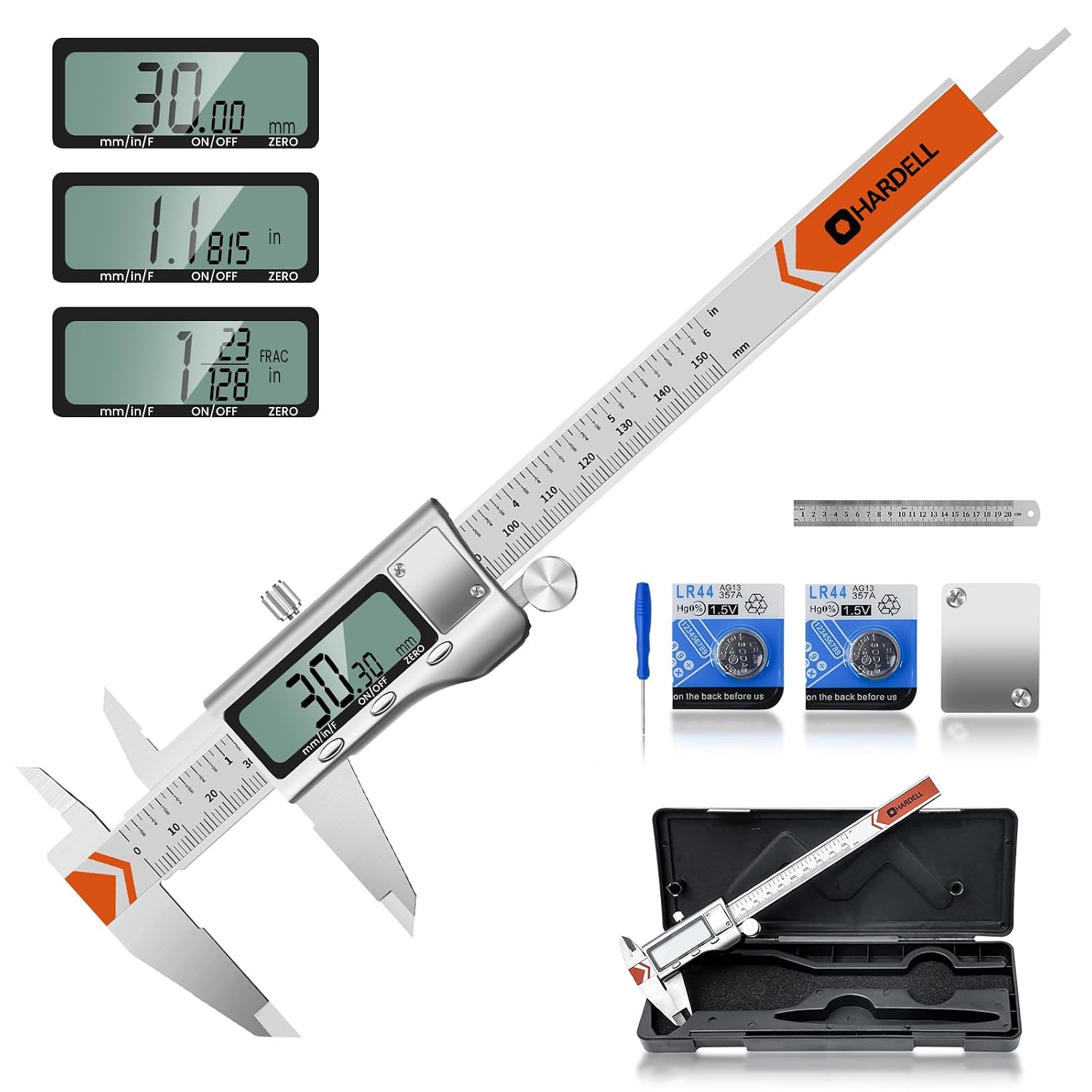 HARDELL Digital Caliper 150mm, Micrometer Calipers Measuring Tool with Large LCD Screen, Mm/Inch/Fraction Conversion, Precision Vernier Calipers for Household/DIY