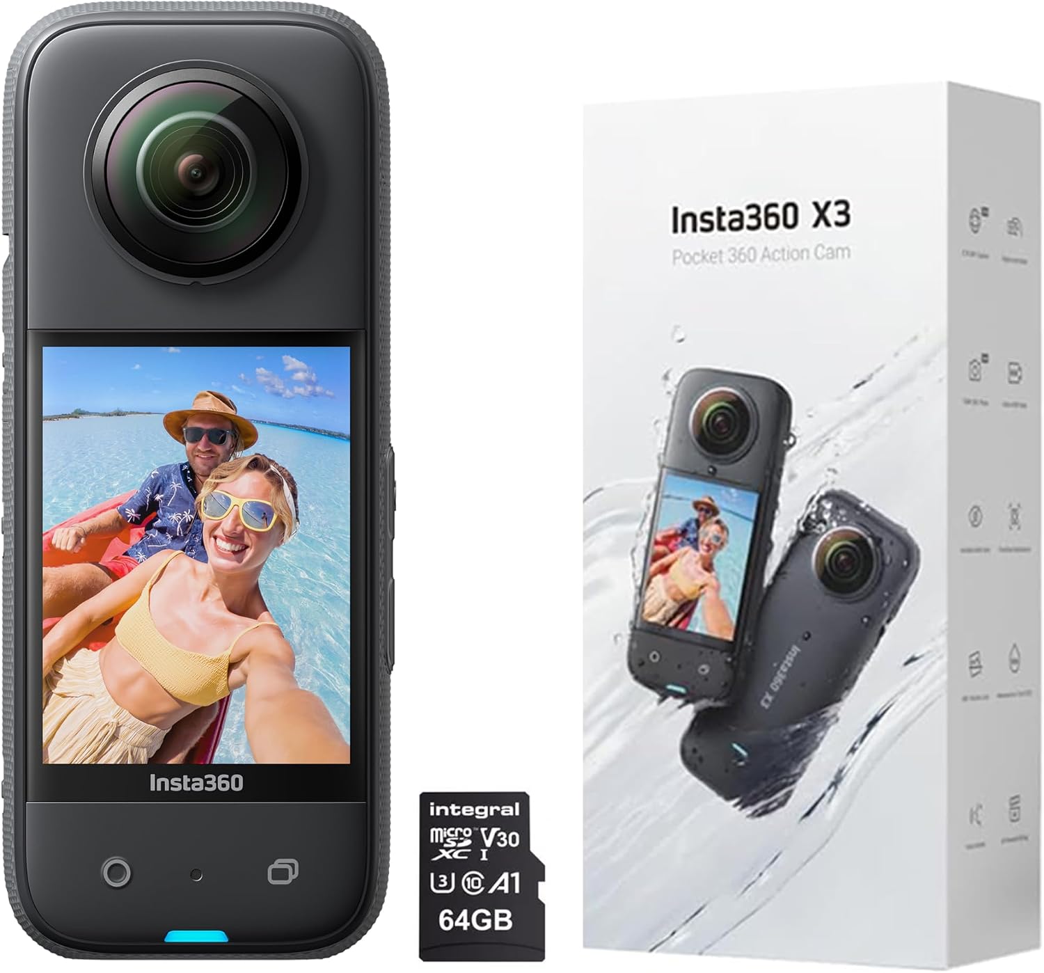Insta360 X3 Waterproof Action Camera - 5.7K 360, 72MP Photos, Stabilization, Touch Screen, AI Editing, Streaming, Webcam, Voice Control, 64GB Card