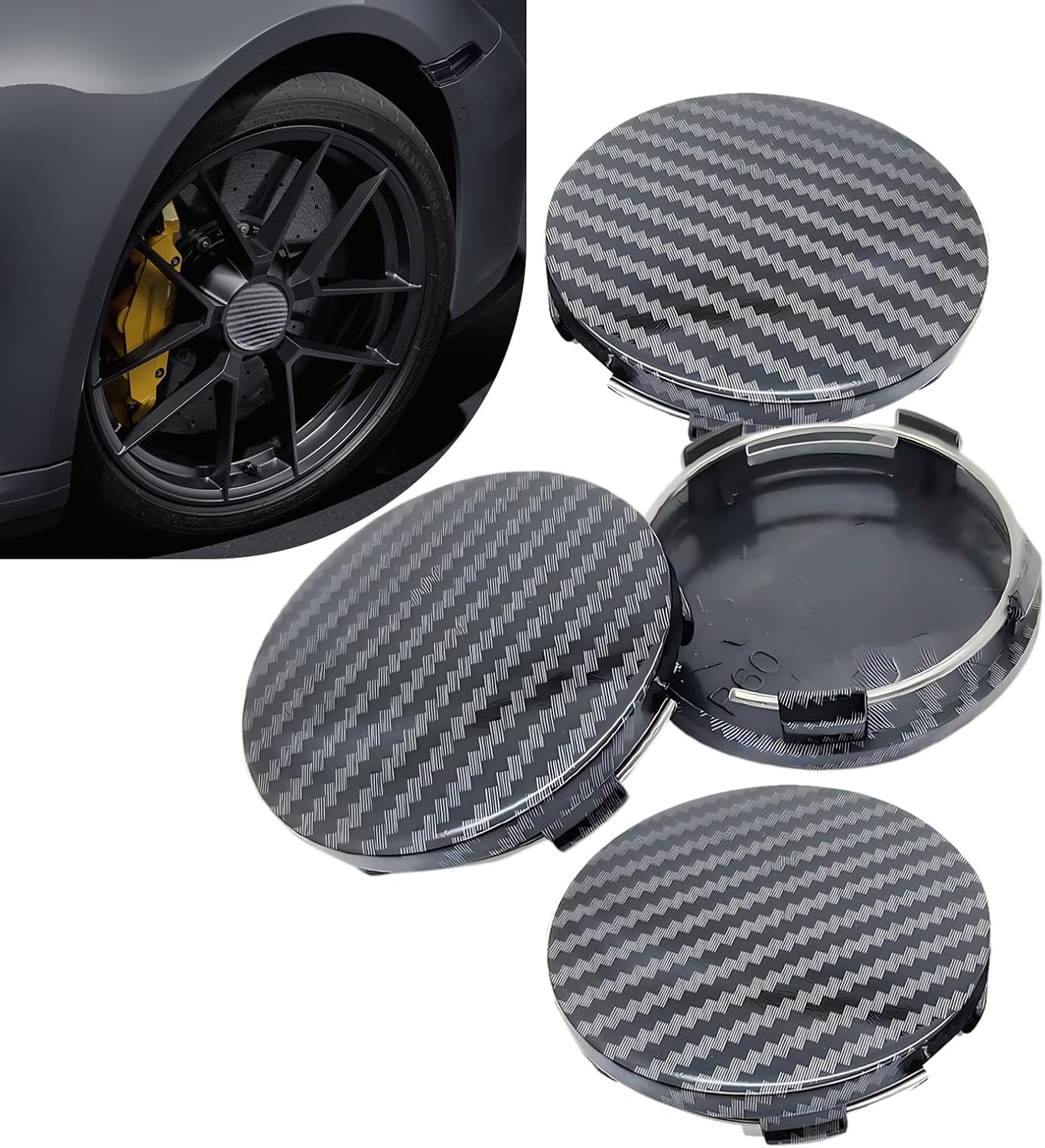 4PCS Car Wheel Hub Center Caps, 2.36" OD 2.2" ID Wheel Center Caps, Carbon Fiber ABS Snap-in Rim Hub Cover, Rustproof Center Caps for Rims, Universal Wheel Hub Decoration (Carbon Fiber)