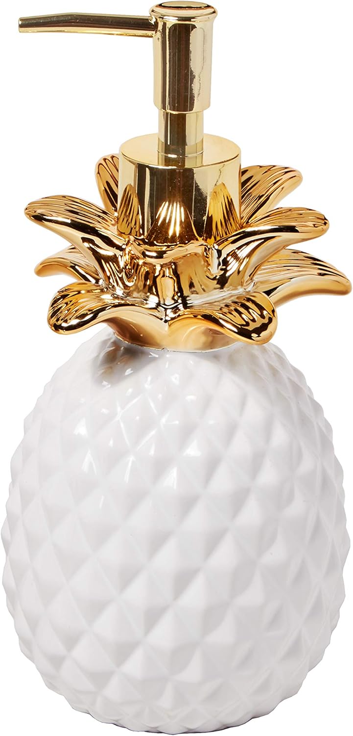 SKL Home Soap Dispenser, Stoneware, White/Gold, 7.96x3.76x3.76