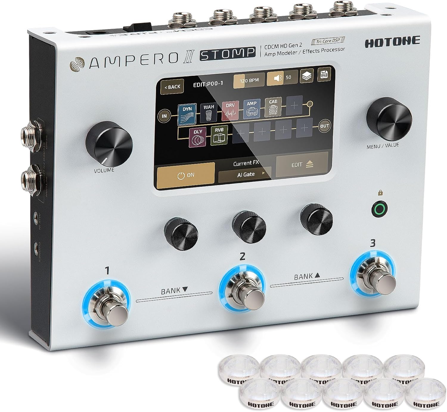 HOTONE Guitar Multi Effects Processor Multi Effects Pedal Touch Screen Guitar Bass Amp Modeling IR Cabinets Simulation Multi FX Processor (Include 10 PCS Additional Footswitch Toppers)