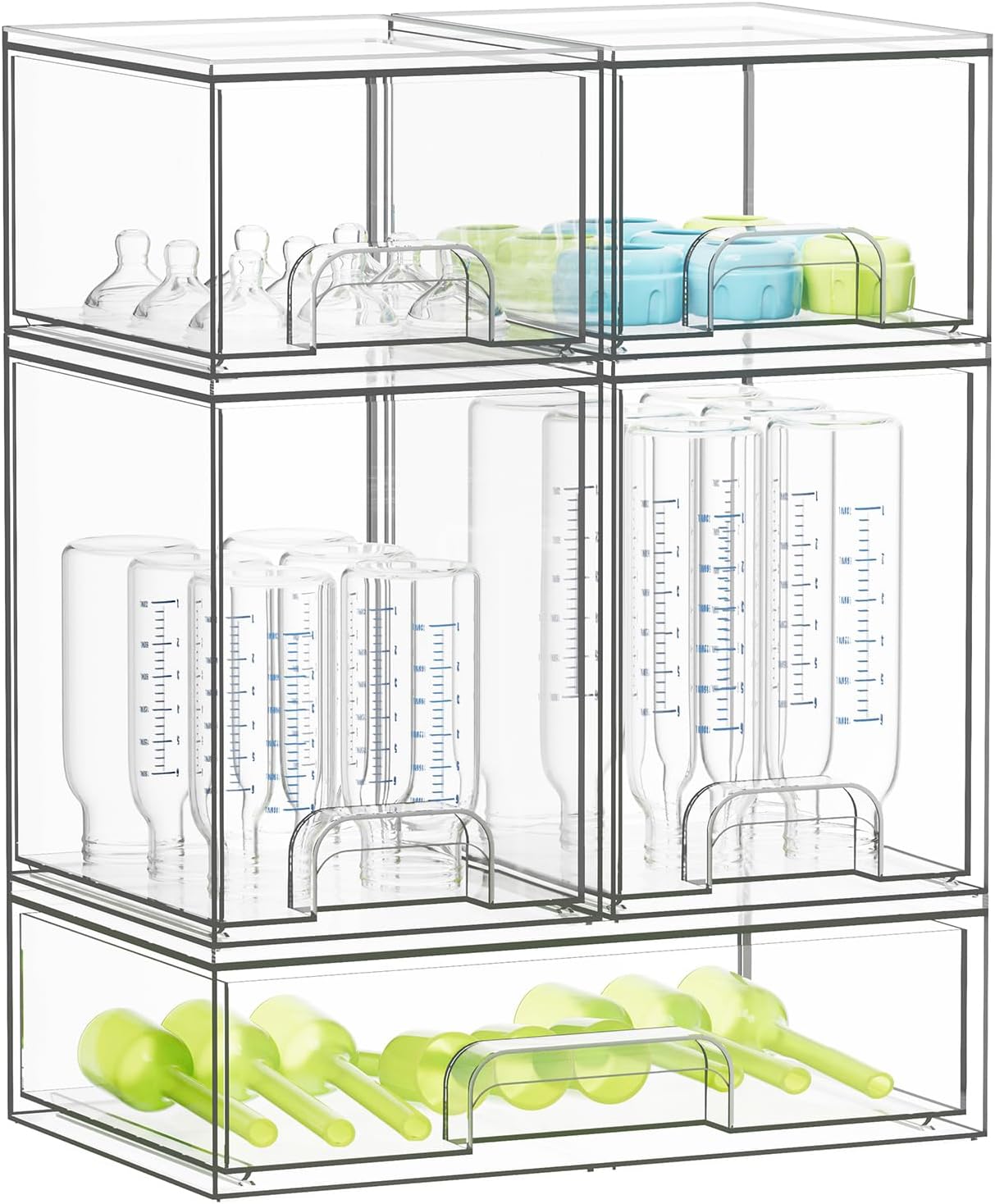 SpaceAid Bottle Storage Organizer Baby - Acrylic Bottles Station Organizer Container, Stackable Clear Drawers for Countertop, Vanity, Bathroom, Cabinet, Pantry Organization, 5 Pack, 2S2M1L, 15.4"H