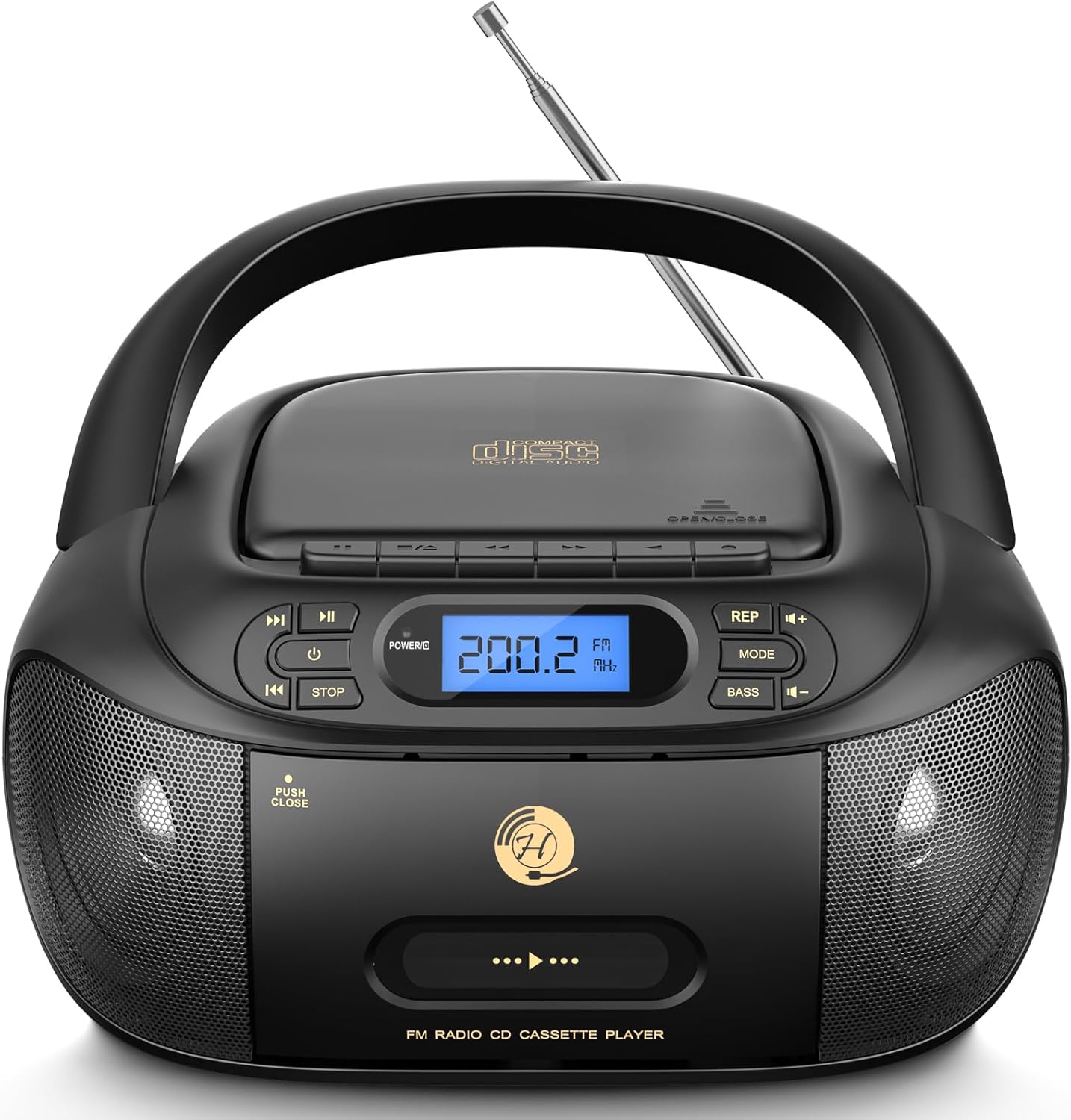 Hernido Portable Boombox with CD Cassette Player Combo, FM Radio, Rechargeable CD/Tape Player, Built-in Stereo Speakers Super Bass, Audio for Home Support AUX-In, USB Playback, Headphone Jack Output