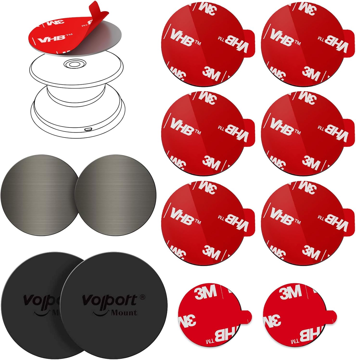 volport Extra 3M Tape Super Sticky Adhesive Replacement and Phone Magnet Sticker Disc for Reusing Grip Stand Socket Base, Circle Double Sided Car Mount Holder Strong Glue Pads Round Magic Metal Plate