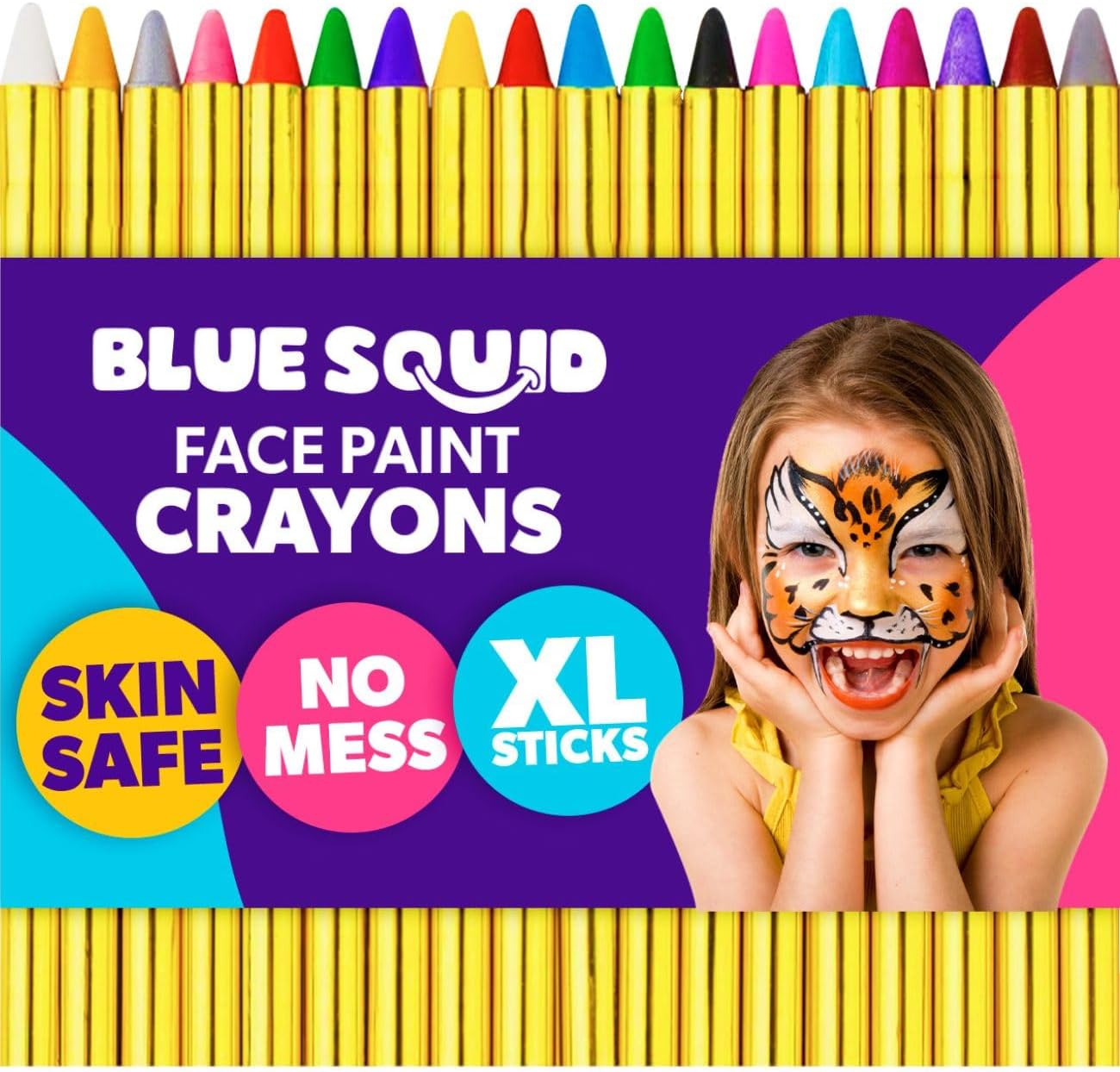 Blue Squid Face Paint Crayons for Kids - 18pcs XL Non-Toxic, Washable Body Paint Crayons - Our Face Painting Kit Makeup Sticks are Easy to Use, Safe for Sensitive Skin and Perfect for a Kids Party