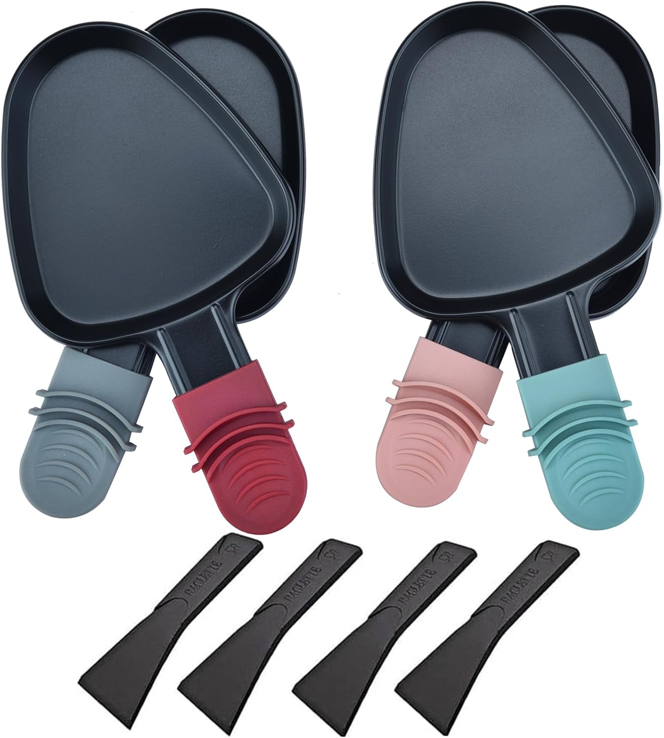 RoDzj Raclette Replacement Pans, 4 Pieces Mini Raclette Grill Pans Non-Stick Cheese Melt Pans with 4 Raclette Spatulas for Universal Electric Grill Cooking Cheese and Eggs (Triangle)
