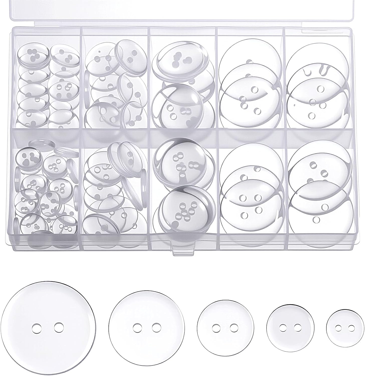 100 Pcs Clear Buttons, Buttons 2 Hole 5 Sizes of Round Mixed Button Round Plastic Button for Coats Dress Skirt DIY Crafts