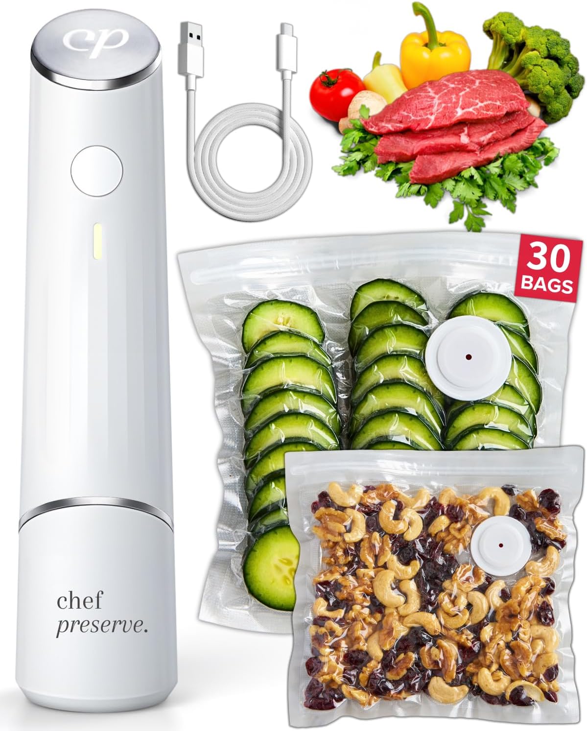 Chef Preserve Compact Vacuum Sealer for Food (Vacuum Sealer Machine + 30 Reusable Vacuum Bags) Powerful Handheld Vacuum Sealer Machine, Seal Meal Saver, Portable Food Sealer