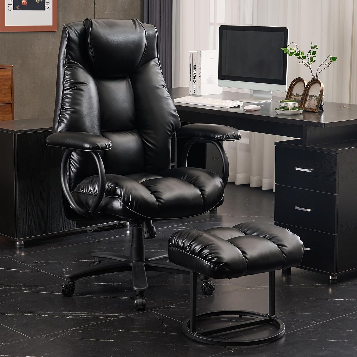 Office Chair Big and Tall, High Back Executive Chair with Ottoman, 400 lbs, Ergonomic Office Chair with Padded Armrest, PU Leather (Black)