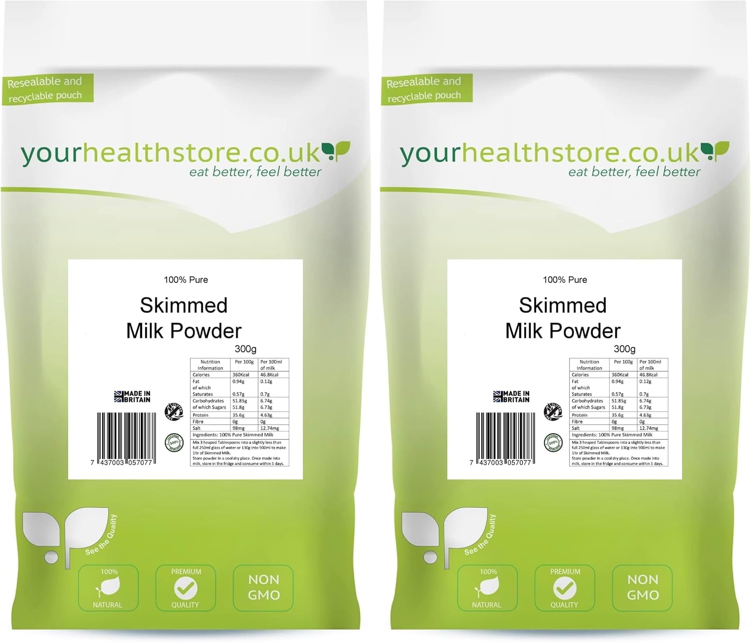 yourhealthstore 100% Pure Skimmed Milk Powder 300g, Made in Britain with British Milk, Low in Fat, No Additives, No Soy Lecithin, No Bovaer, Vegetarian, (Recyclable Pouch) (Pack of 2)