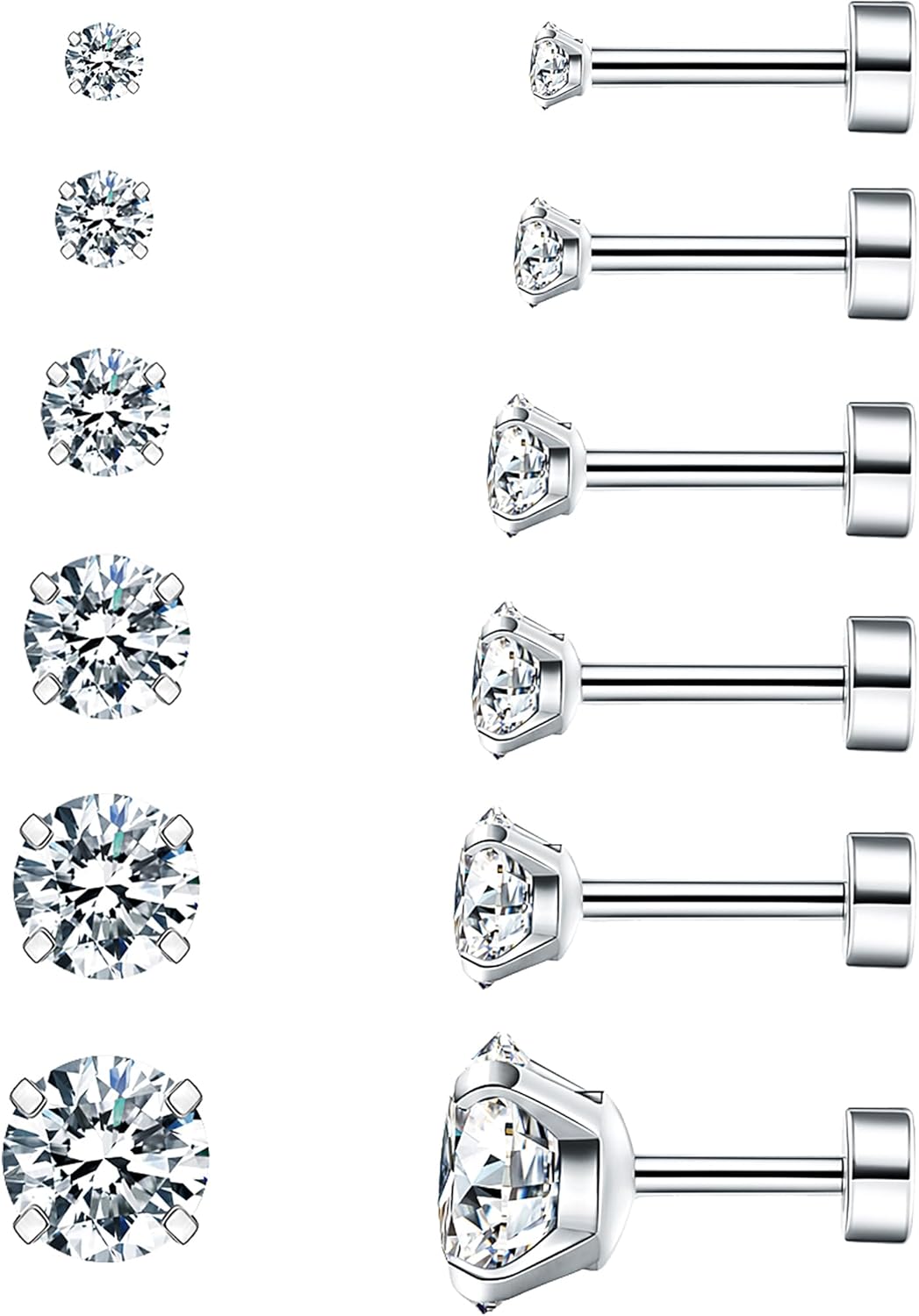 Cubic Zirconia Hypoallergenic Stud Earrings for Women Men Girls Statement Cartilage Fashion Surgical Steel Helix Earrings 5 Pairs