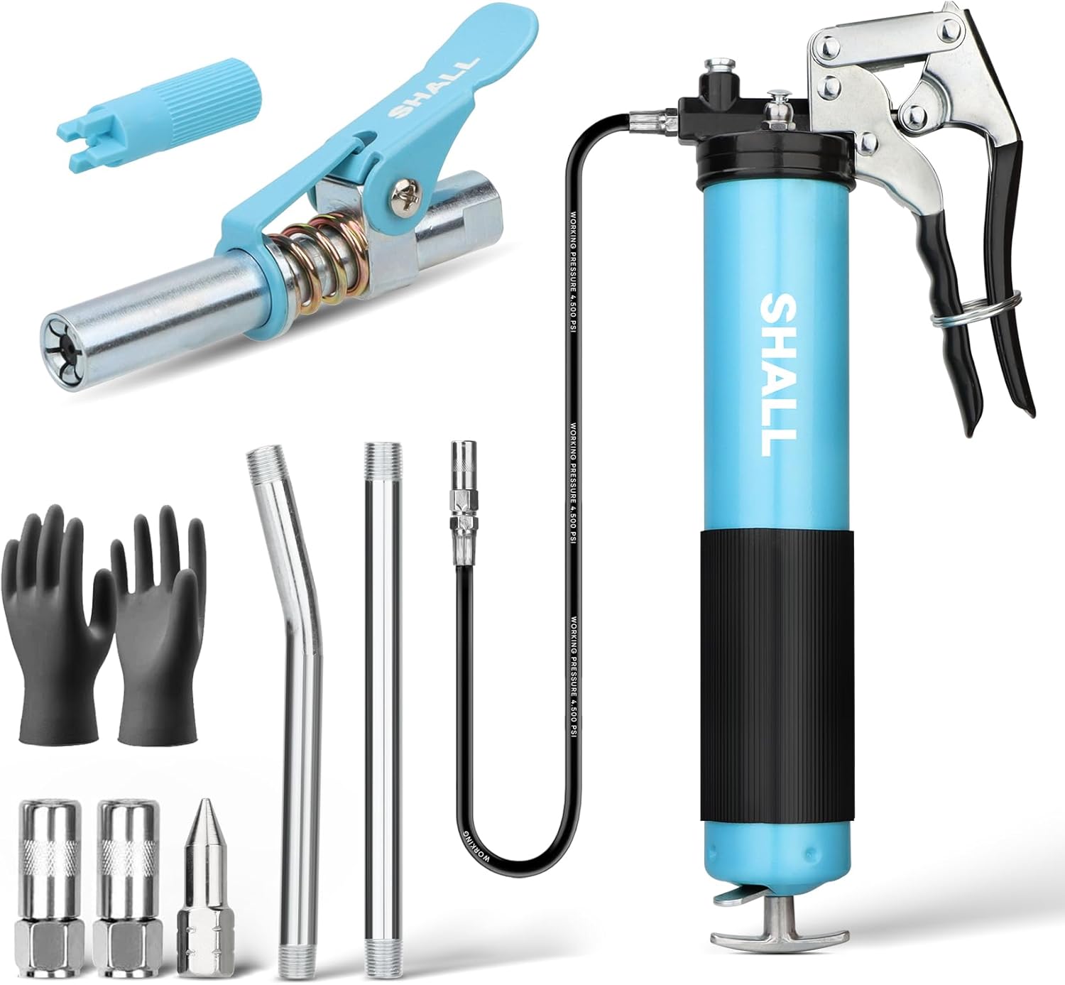 SHALL Grease Gun, 7000 PSI Heavy Duty Pistol Grip Kit w/Grease Gun Coupler, 18” Spring Flex Hose, 2 Reinforced Coupler, 2 Extension Rigid Pipe, Sharp Nozzle, Fittings Cleaner | 14oz Load