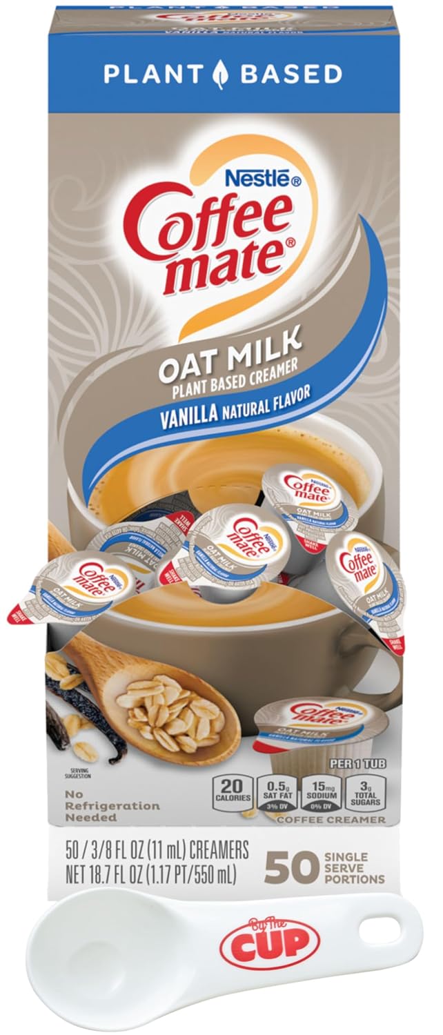 Nestle Coffee mate Plant Based Liquid Coffee Creamer Singles, Vanilla Flavored Oat Milk, 50 Ct Box with By The Cup Coffee Scoop