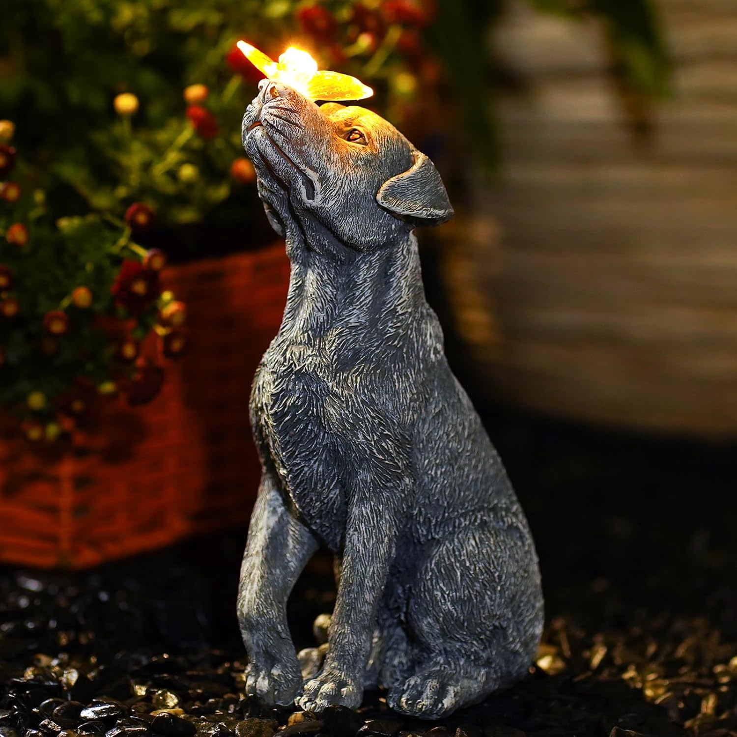 Solar Garden Statue Dog Figurine – Outdoor Decoration with Butterfly for Garden Yard Lawn Home Decor Outside : Unique Gifts for Mom Grandma