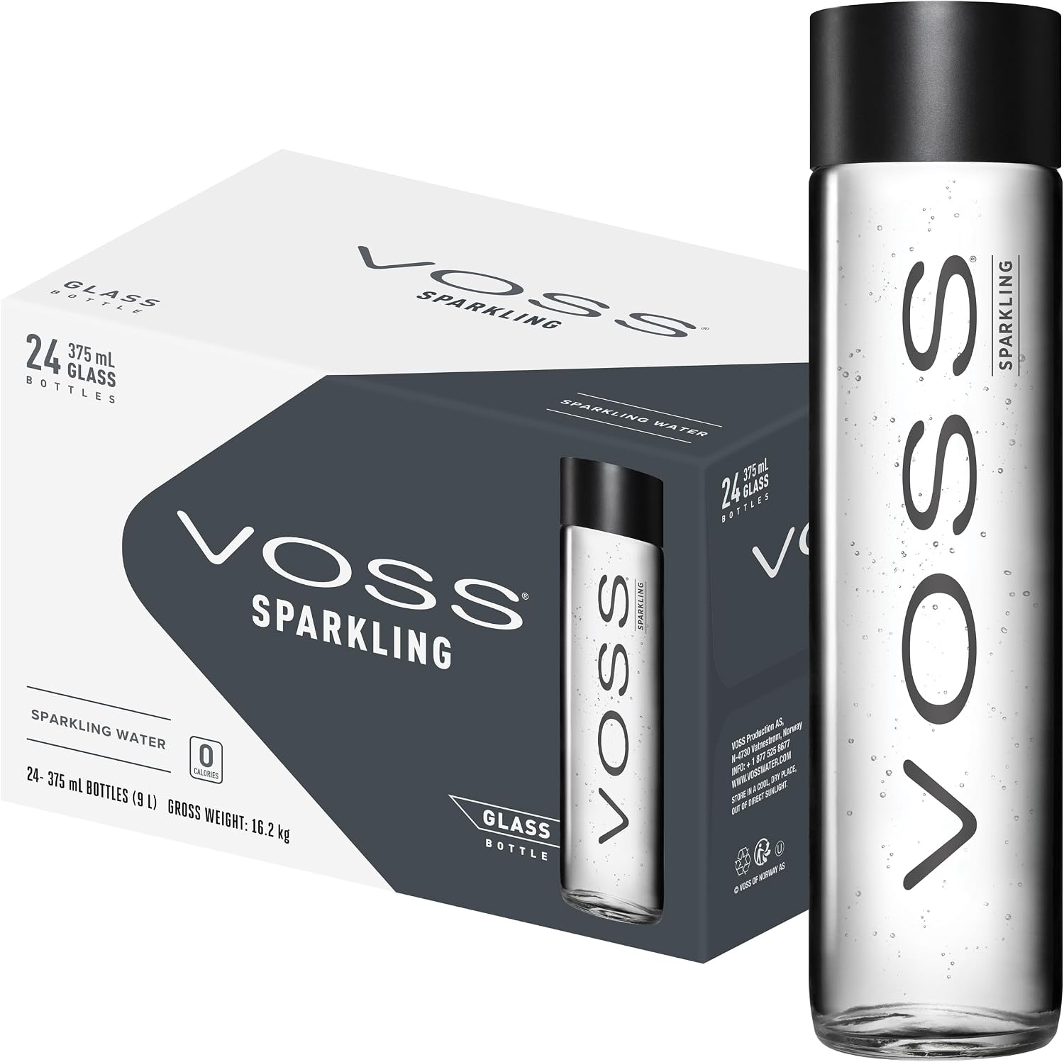 VOSS Sparkling Water, Pack of 24 x 375ml VOSS Original Glass Bottles, Natural Mineral Water