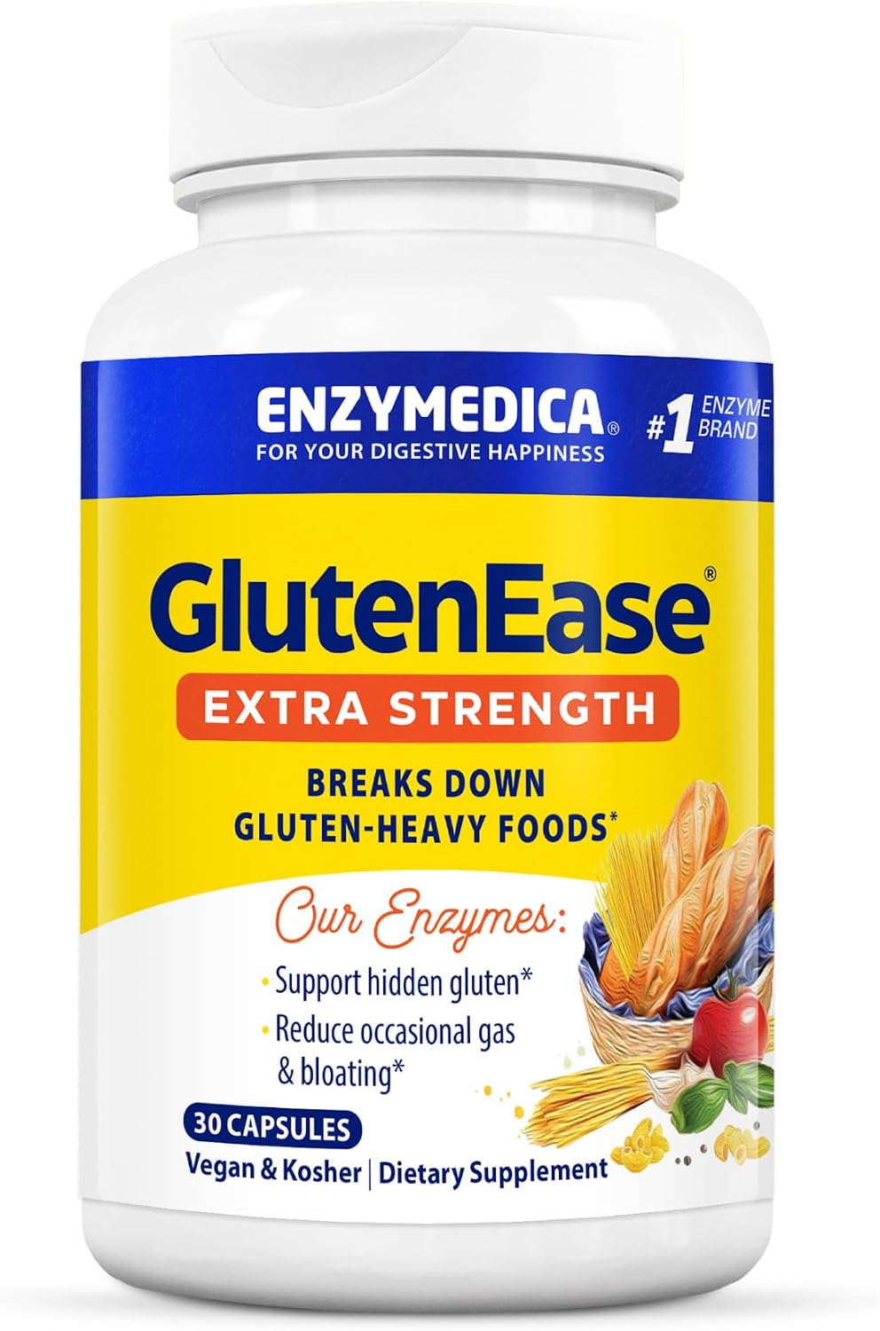 Enzymedica, GlutenEase Extra Strength, Maximum Potency Digestive Enzymes, Supports Gluten & Casein Intolerance, 30 Count