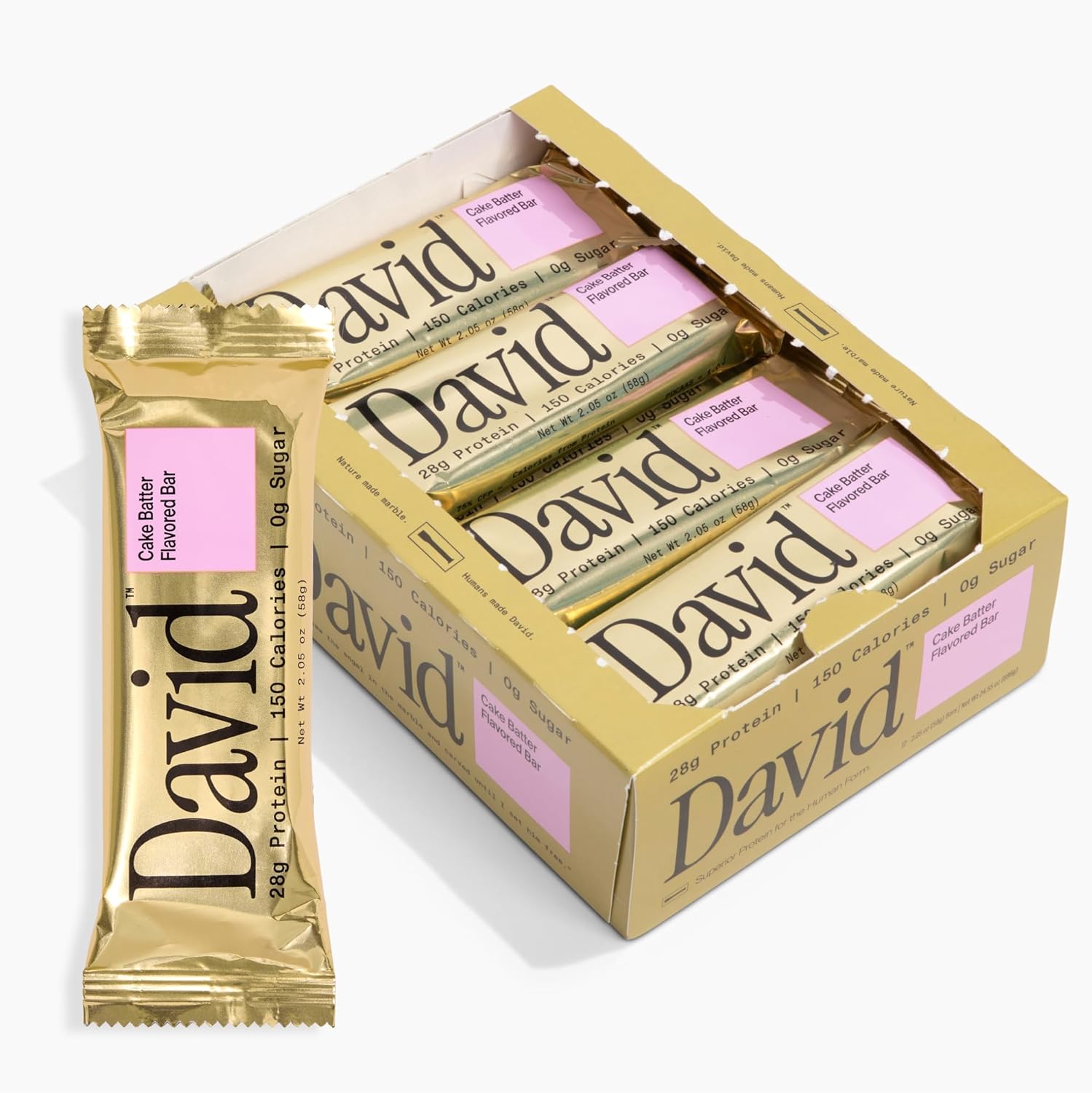 David High Protein Bars No Sugar - Sugar Free Protein Bars, Low Carb, Gluten Free - 28g of Protein, 150 Calories - David Bar On-The-Go Snack - Cake Batter Flavor, Pack of 12