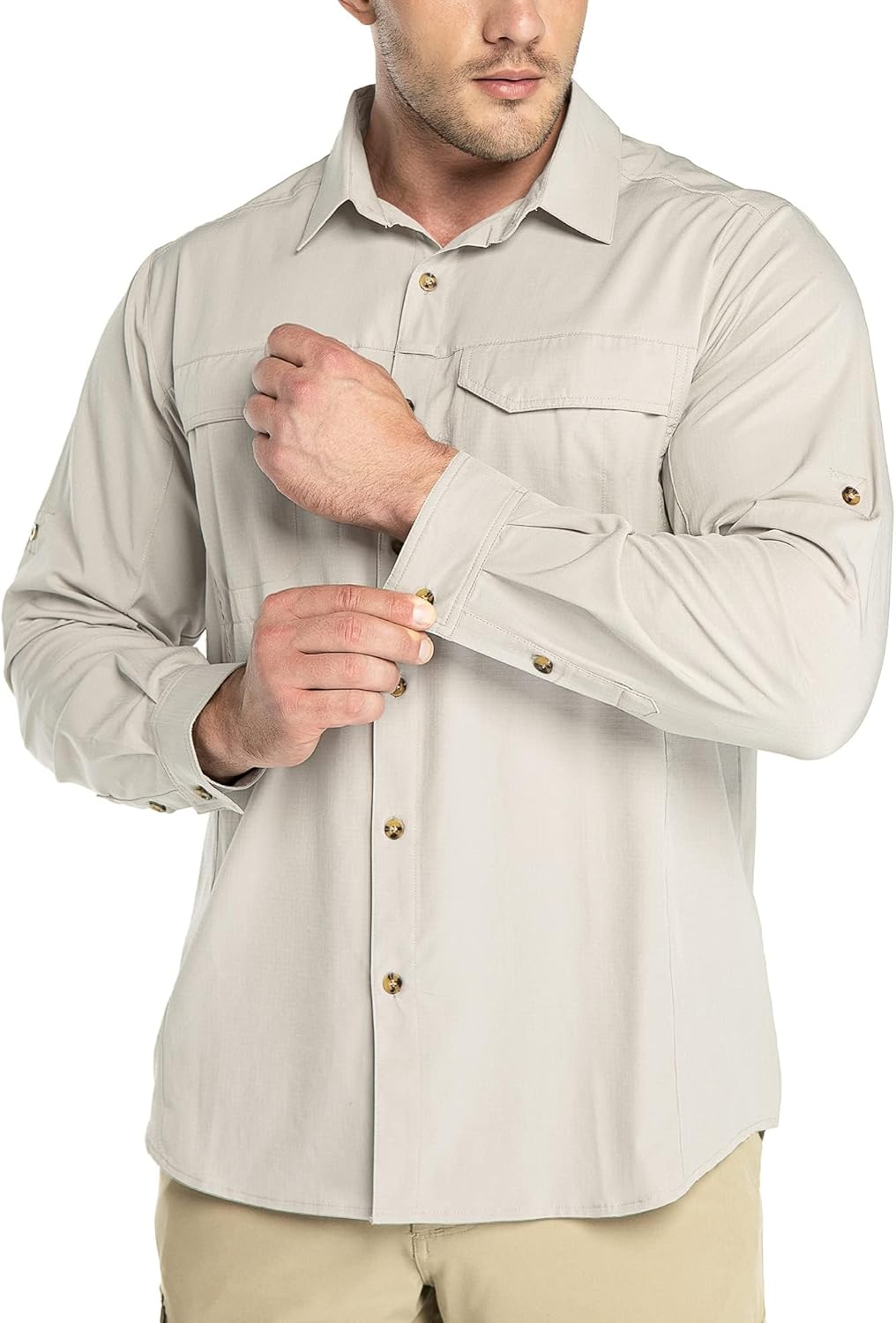 Outdoor Ventures Men's Shirts Safari Shirt Roll-Up Sleeve UV Shirts Quick Dry Lightweight Hiking Shirt with Pockets for Walking Fishing Travelling