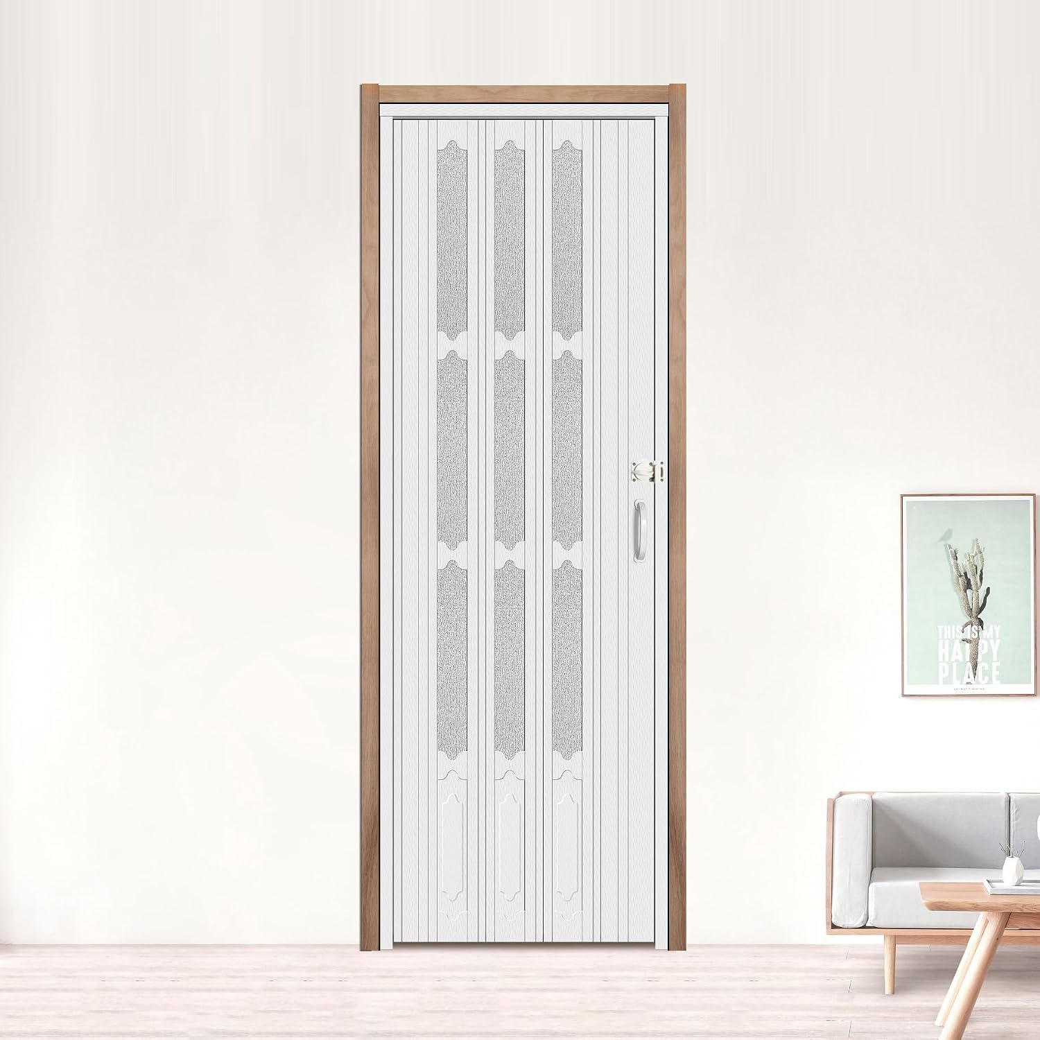 DIYHD 30X96in Interior Accordion Door,White PVC Folding Door,Set with Installation Hardware,Handle and Lock,Ready for Installation