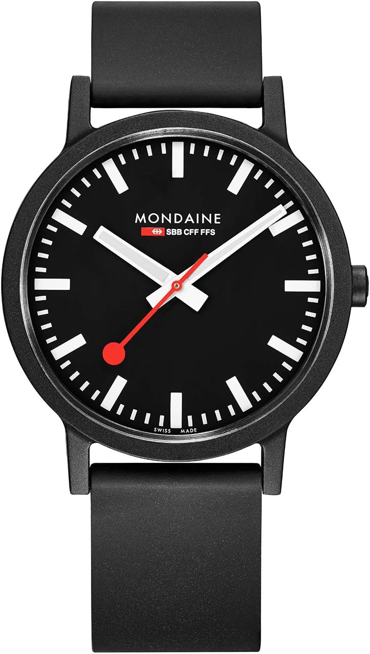 Mondaine - Essence - Mens Watch 41mm - Official Swiss Railways Wrist Watch Black Renewable Material Strap - 30m Water Resistant Sustainable - Different Variations - Watches for Men