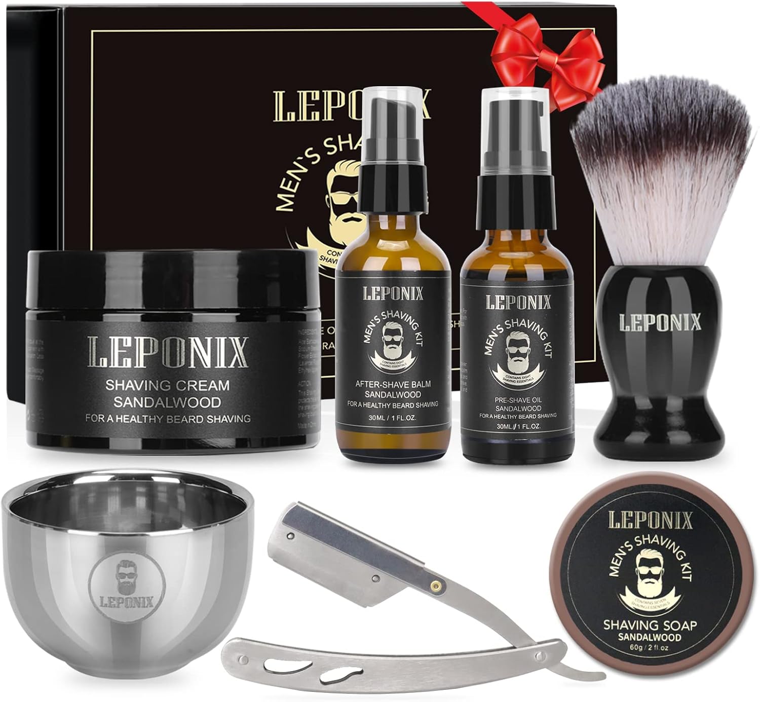 Shaving Kit for Men, Shaving Set of Sandalwood Shaving Cream, Mens After Shave Balm, Pre-Shave Oil,Shaving Brush and Bowl,Shaving Soap Gift Set for Men Boyfriend Stocking Fillers