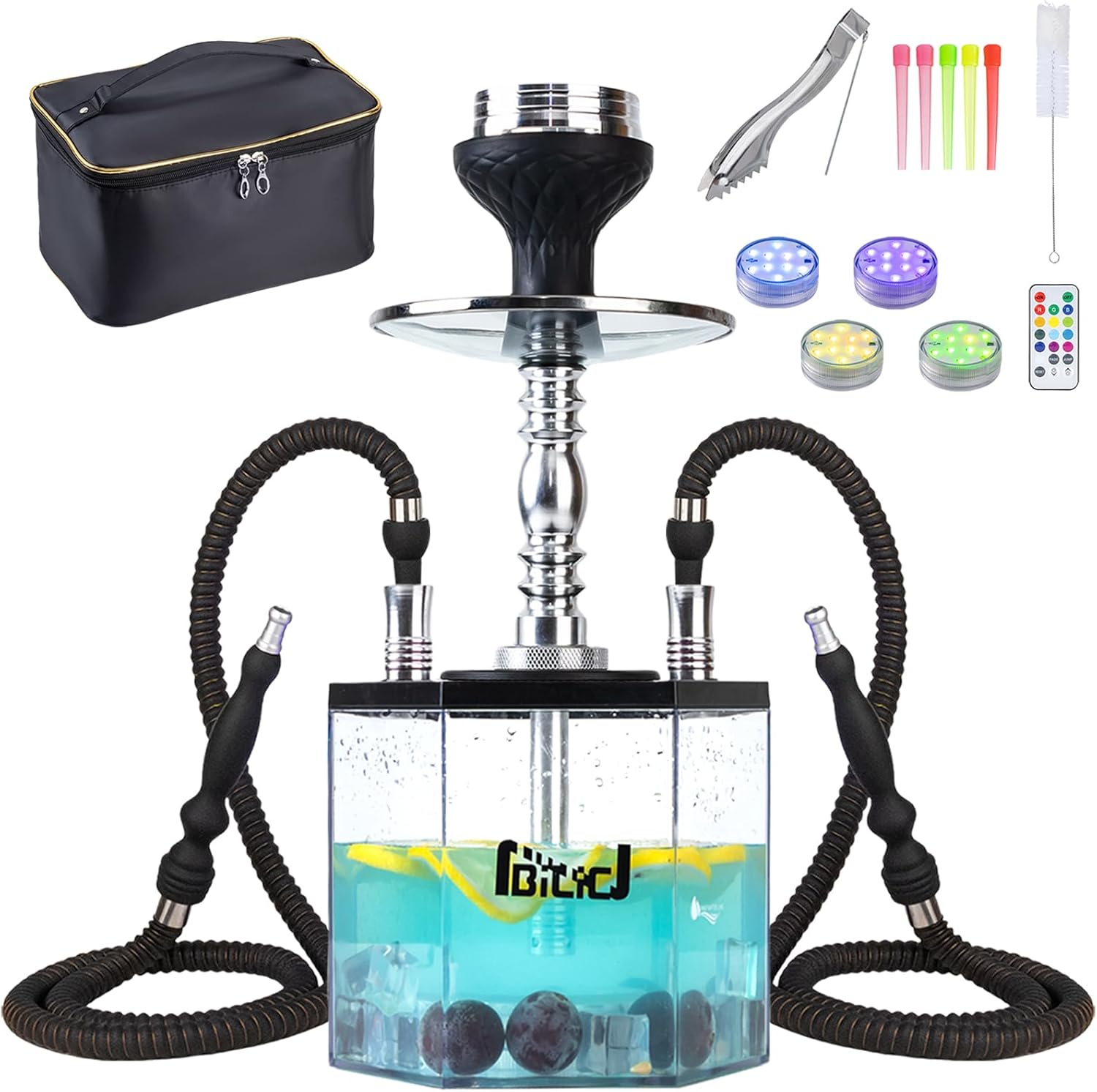 2 Hose Large Hookah Set – Premium Acrylic Shisha Hookah with Everything Included, Large Cloud Performance Magical Remote LED Lights & Travel Case Cleaning Brush for Ultimate Experience (Blue)