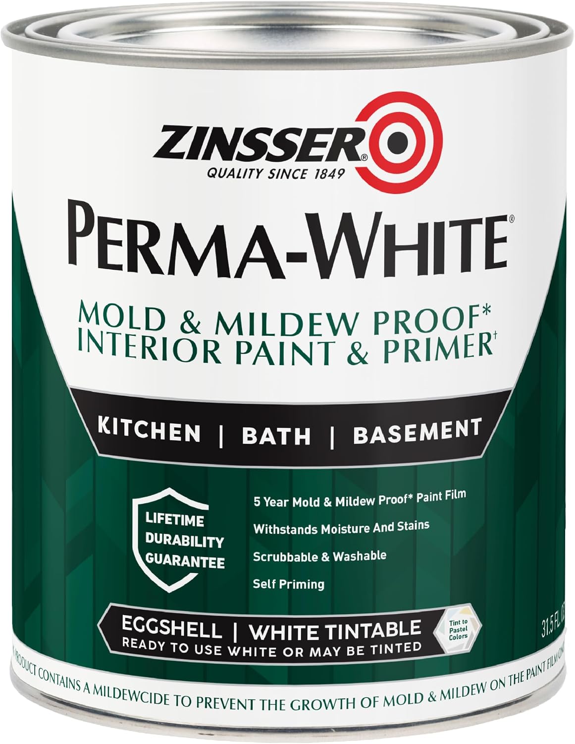 Zinsser 02774 PERMA-WHITE Mold & Mildew Proof Interior Paint, Quart, Eggshell White