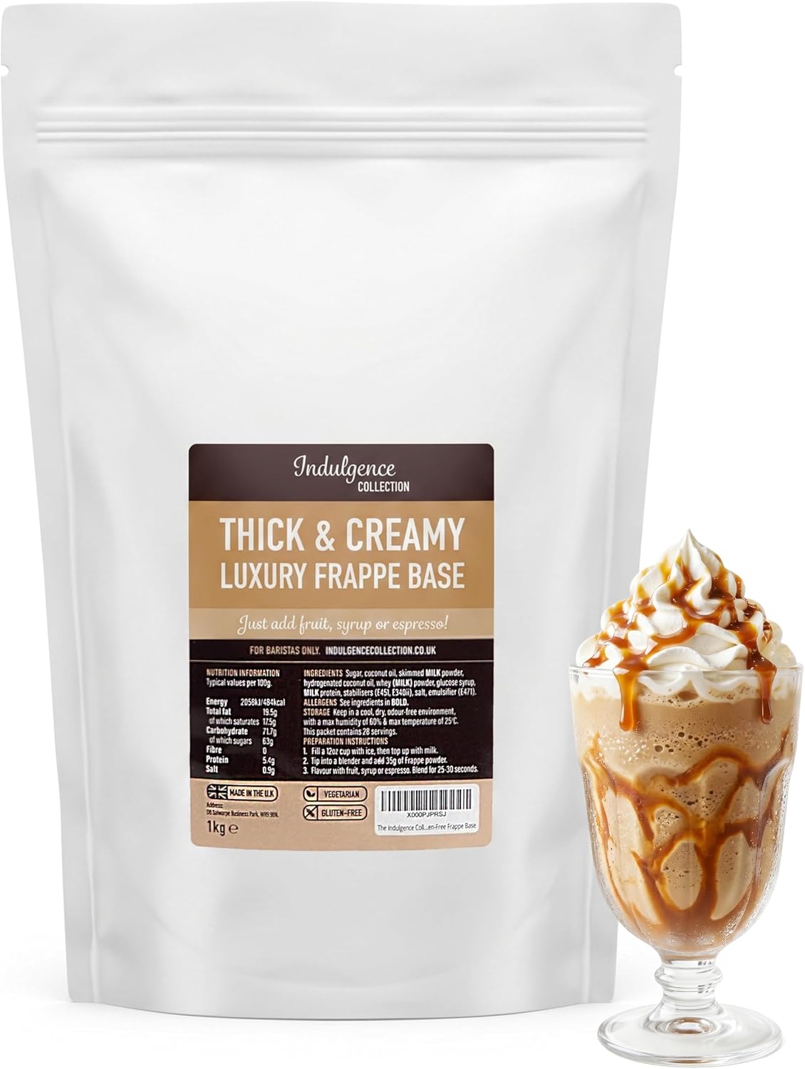 Indulgence Collection Frappe Powder Base 1kg - Unflavoured Mix - Luxurious Thick and Creamy Texture - Flavour with Espresso, Milk, Syrup and Fruit - Vegetarian and Gluten-Free - Made in the UK