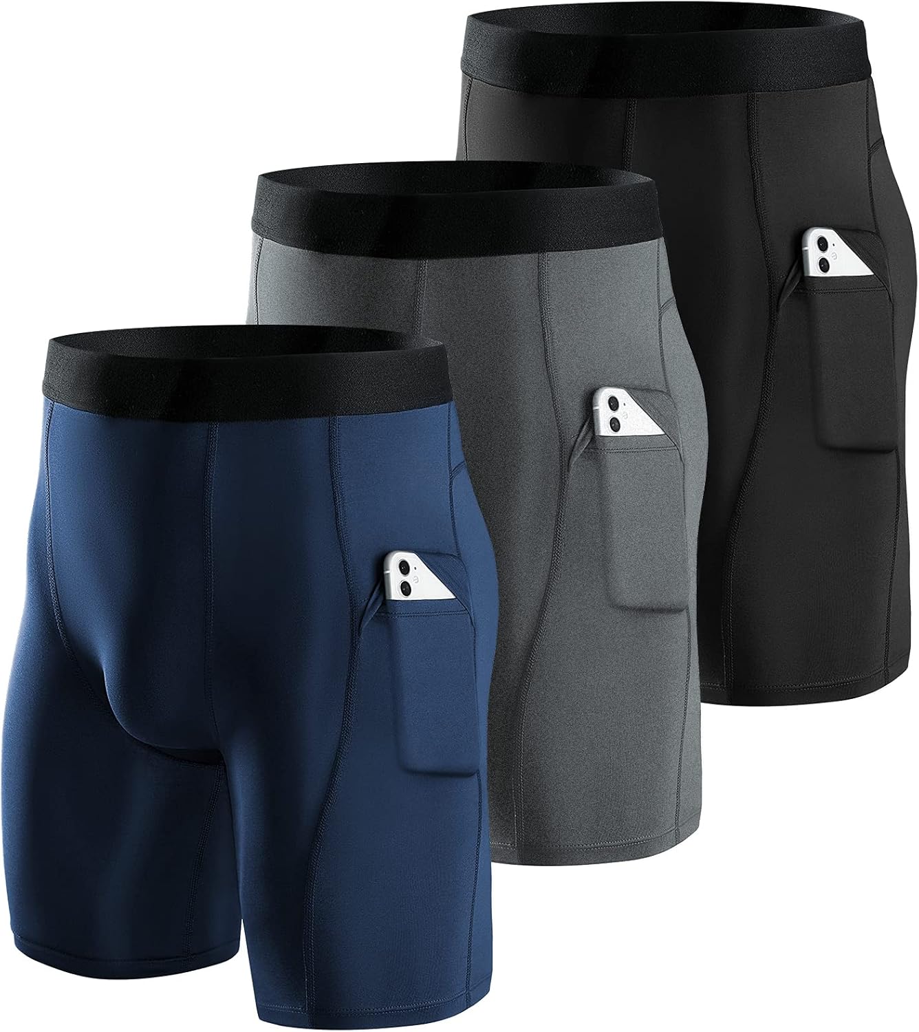 Niksa 1 or 3 Pack Mens Compression Shorts Running Base Layer Shorts Men's Workout Shorts with Cell Phone Pockets Tight Dry and Breathable Sports Shorts for Cycling,Yoga,Boxing,Gym