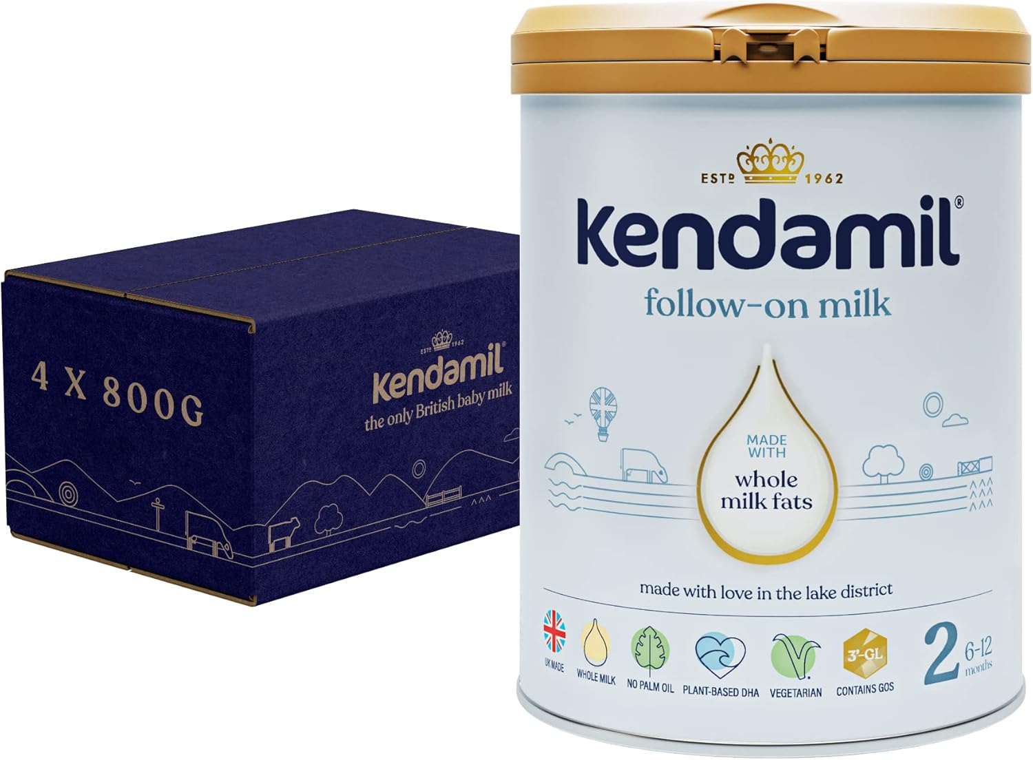 (4x800g) Kendamil Follow-On Milk 4-Pack, Stage 2, 6-12 Months – British Made, Whole Milk Formula – Vegetarian, No Palm Oil, No GMOs – with Omega 3 DHA, Omega 6 ARA and Prebiotics
