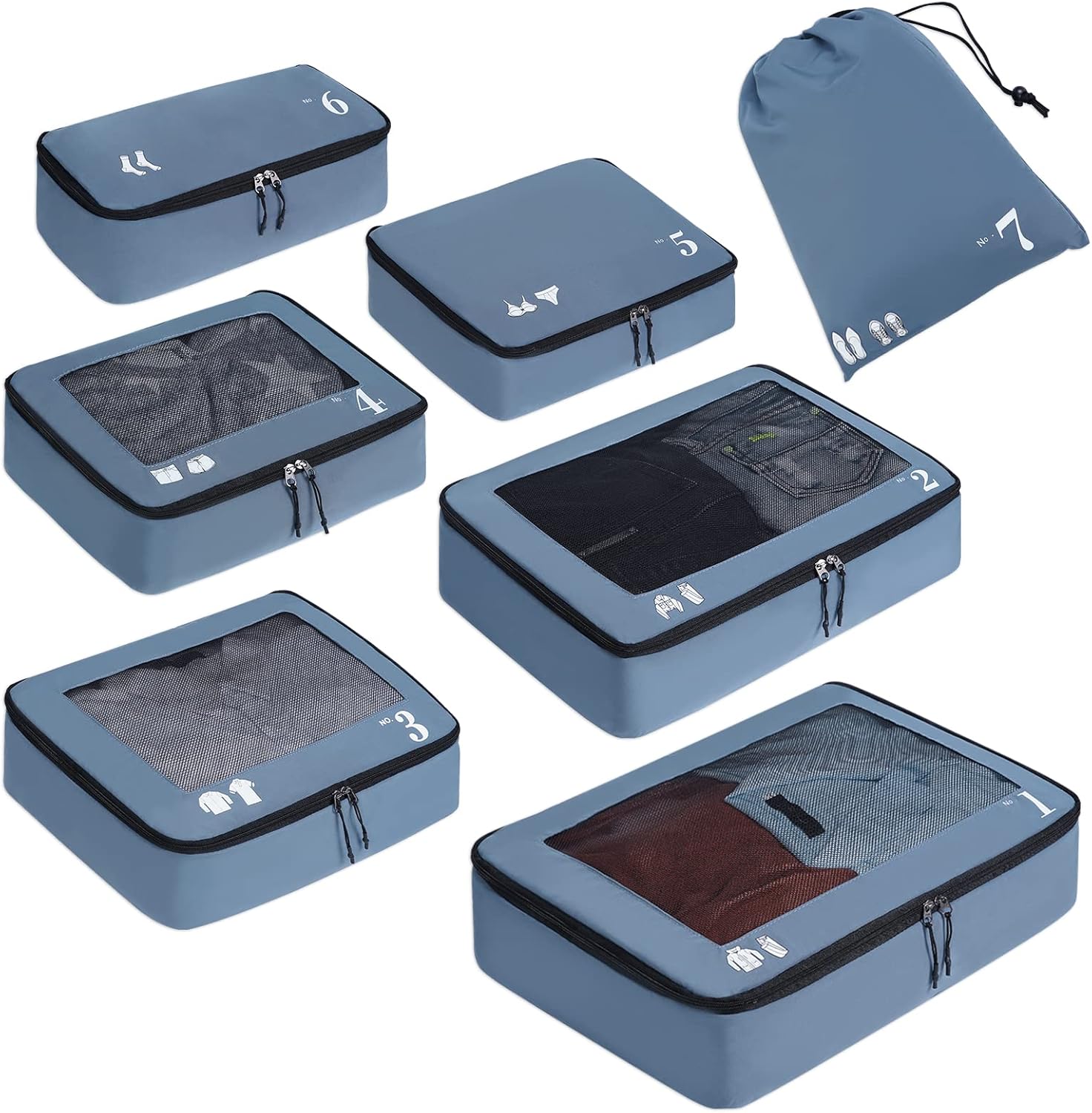 ECOHUB Packing Cubes 7 PCS Travel Organiser Set - Recycled PET Eco-Friendly Suitcase Accessories With Shoe Bags and Storage Pouch (Blue)