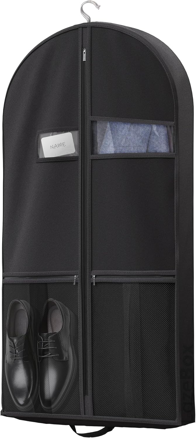Lazebox 43" Travel Garment Bag with Accessories Zipper Pocket, Heavy Duty Suit Bag for Suits, Tuxedos, Dresses, Coats, Black, 1 pack