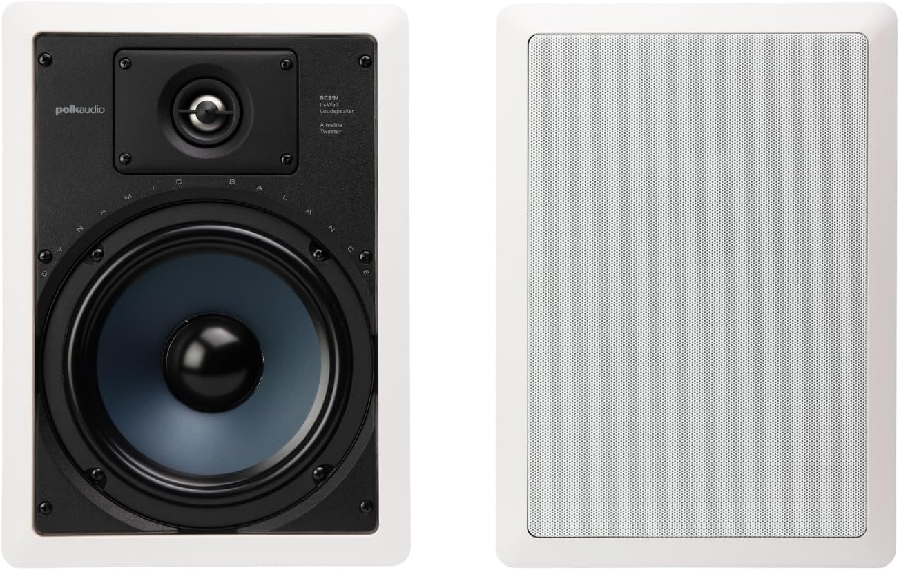 Polk Audio RC85i 2-Way Premium in-Wall 8" Speakers (Pair), Perfect for Damp and Humid Placement - Bath, Kitchen, Covered Porches (White, Paintable Grille)